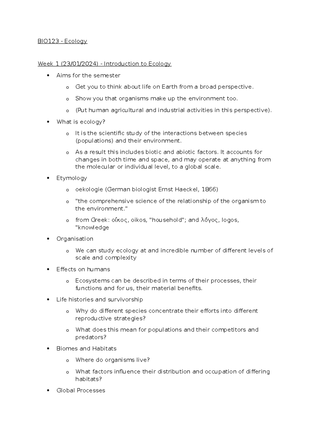 BIO123 - Week 1 Notes - BIO123 - Ecology Week 1 (23/01/2024 ...