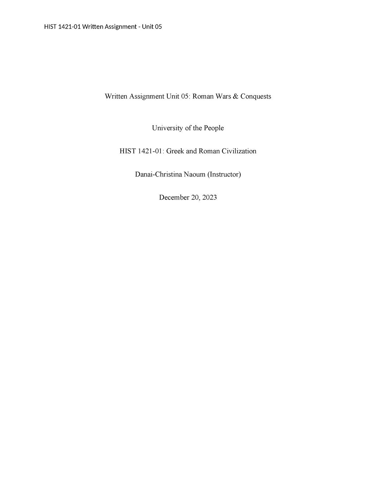 HIST 1421-01 (Written Asignment) Unit05 - Written Assignment Unit 05 ...