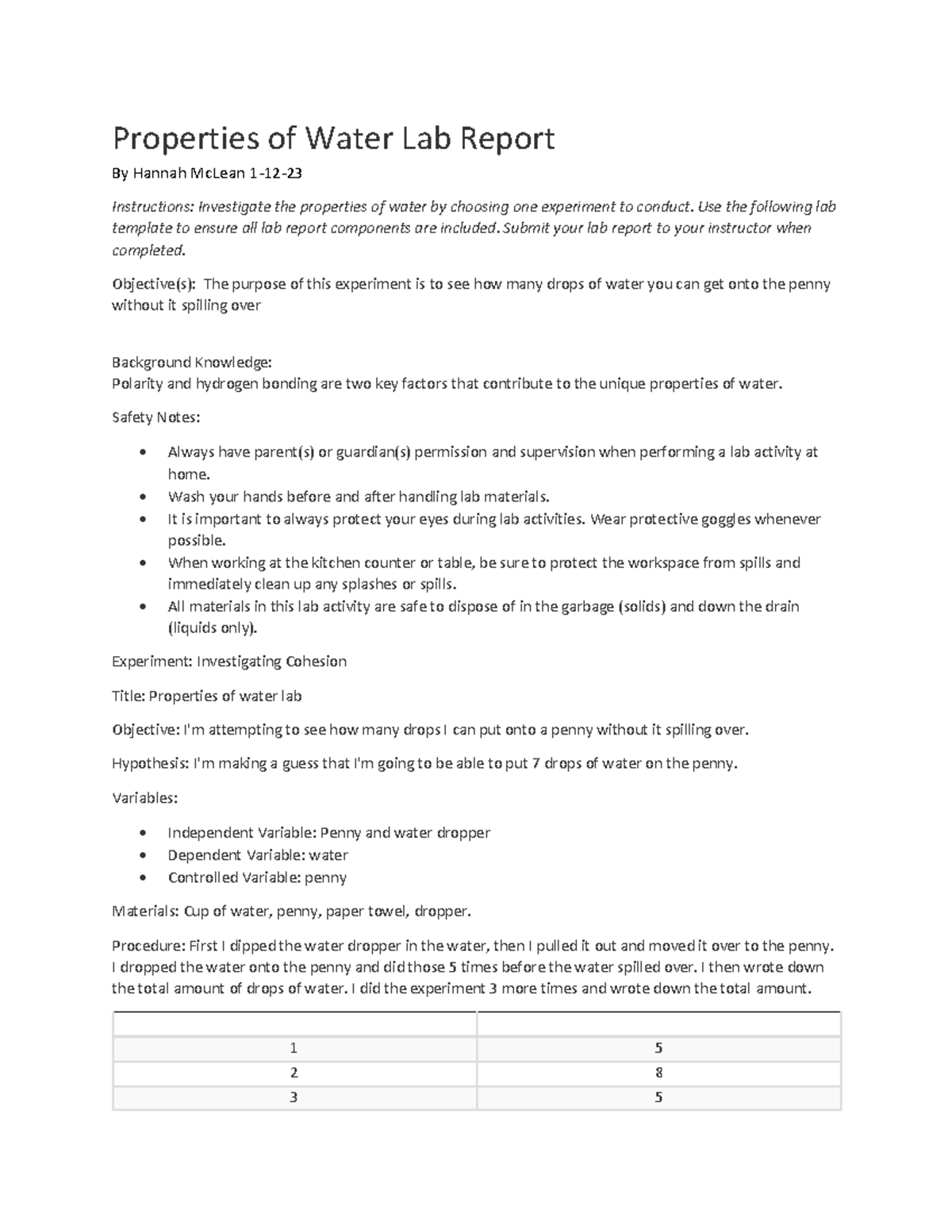 Document 176 Your for this Properties of Water Lab Report