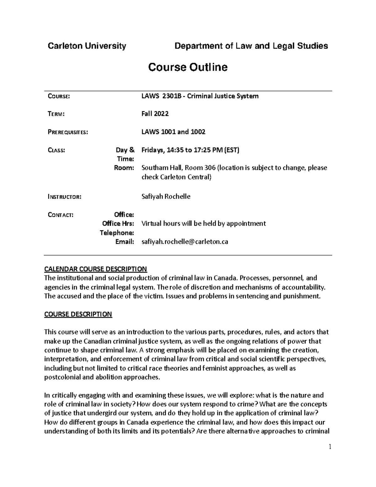 LAWS 2301B Rochelle Safiyah Fall 2022 Course Outline 1 - Carleton ...