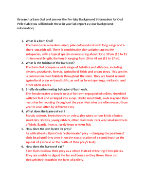 Owl Pellet background research questions-1 - Research a Barn Owl and answer  the Pre-lab/ Background - Studocu