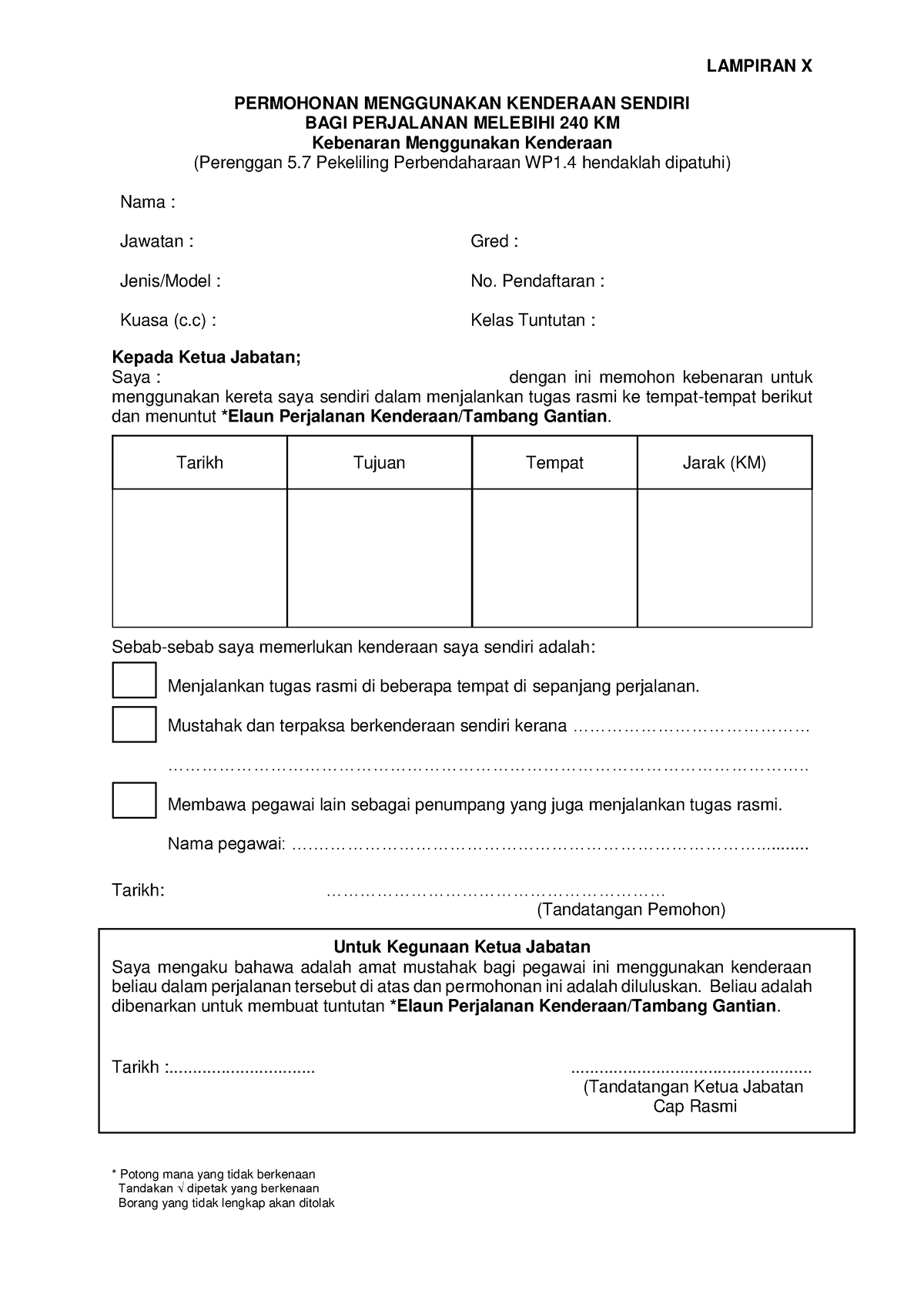 Lampiran X Borang Kebenaran Menggunakan Kenderaan - LAMPIRAN X Potong ...