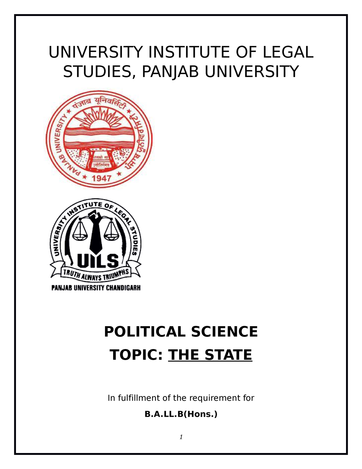 Political project - UNIVERSITY INSTITUTE OF LEGAL STUDIES, PANJAB ...