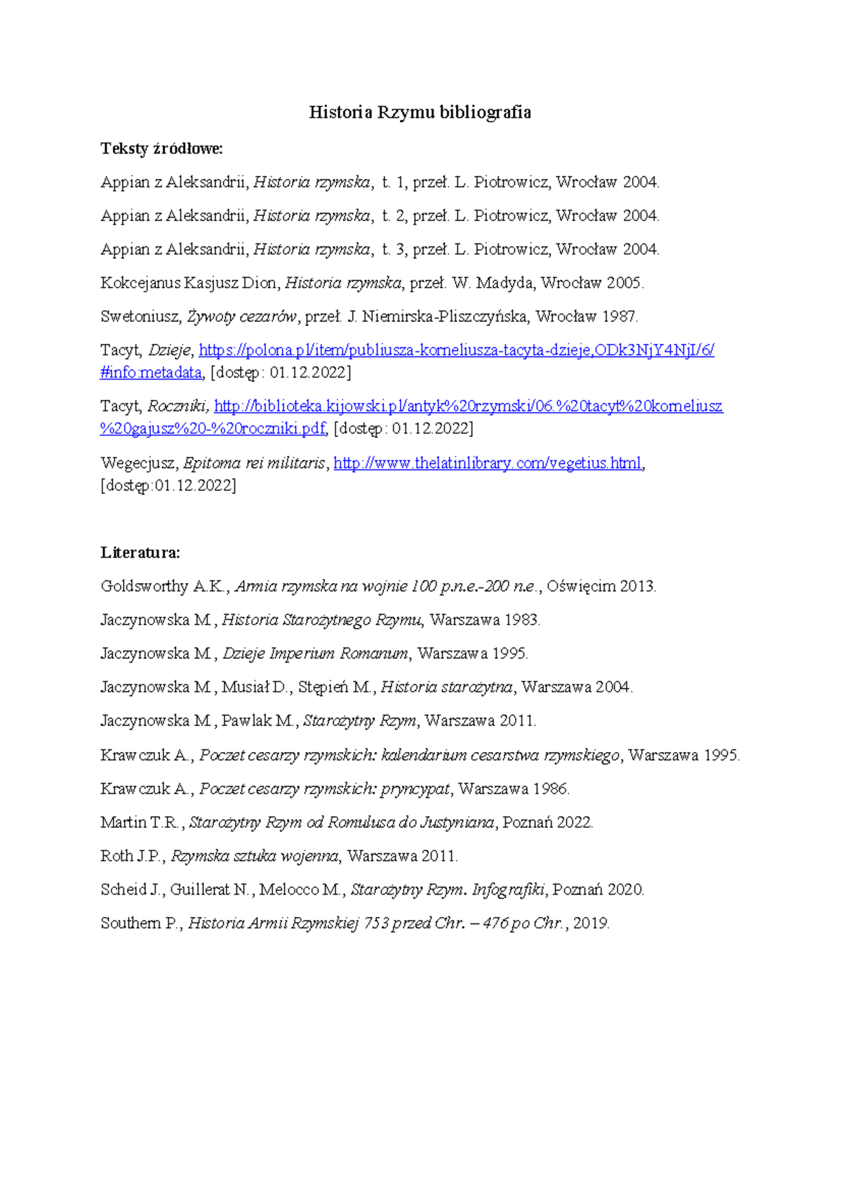 Historia rzymu bibliografia - Historia Rzymu bibliografia Teksty