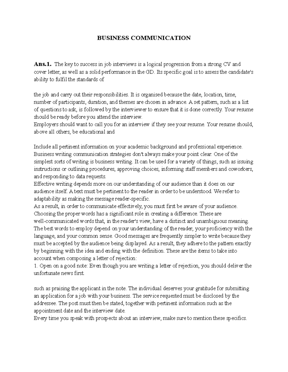 Untitled document - HRM - BUSINESS COMMUNICATION Ans. The key to ...