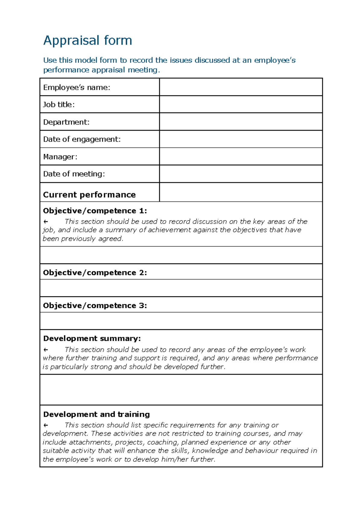 Appraisal form based on job objectives - Appraisal form Use this model ...