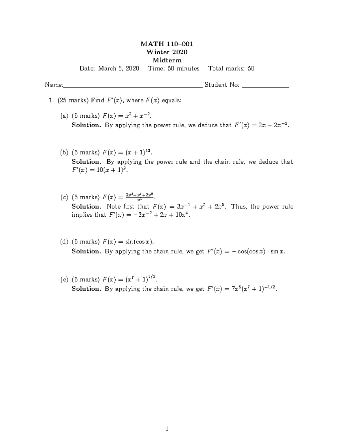 Exam 2020, answers - MATH 110– Winter 2020 Midterm Date: March 6, 2020 ...