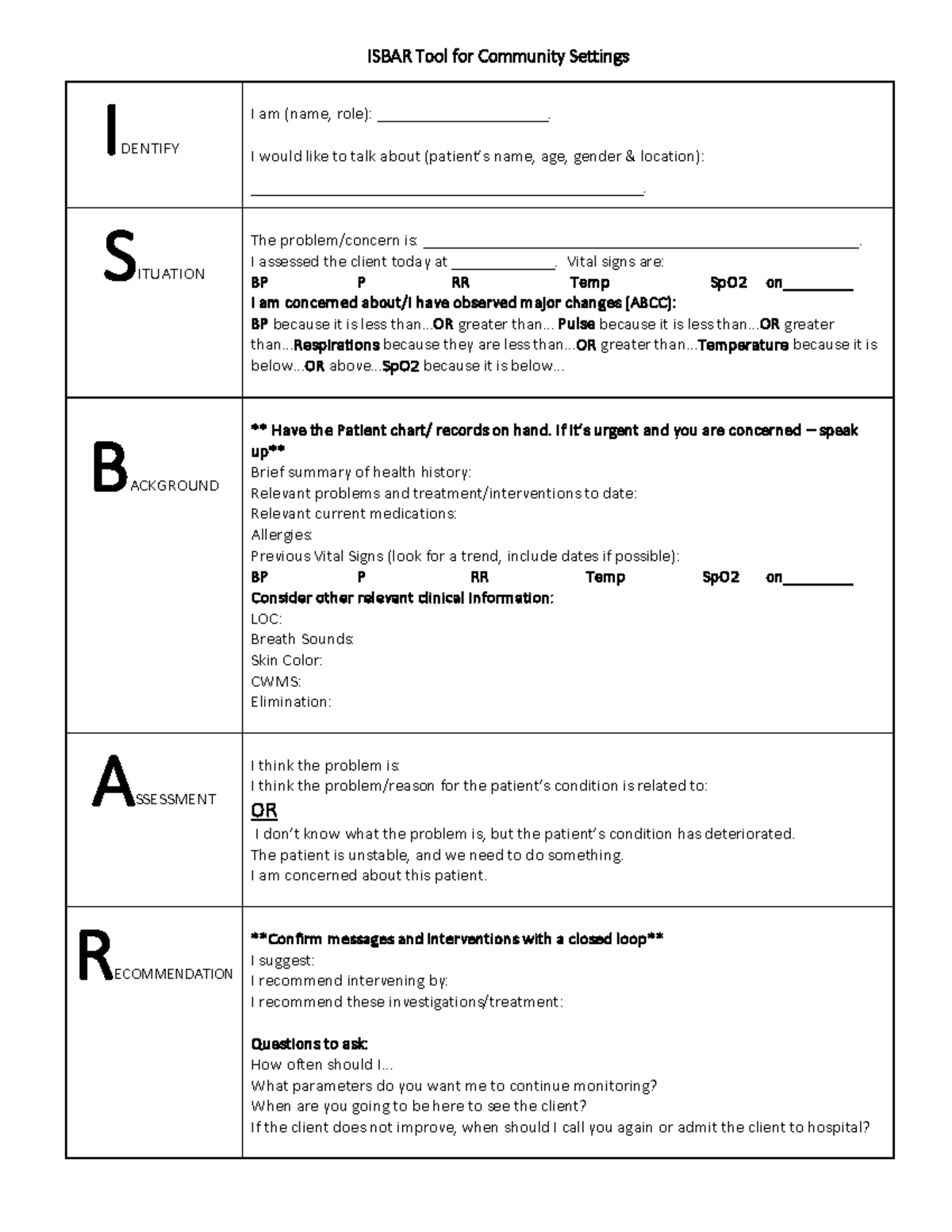 BCIT BSN Isbar Tool for Community Settings - ISBAR Tool for Community ...