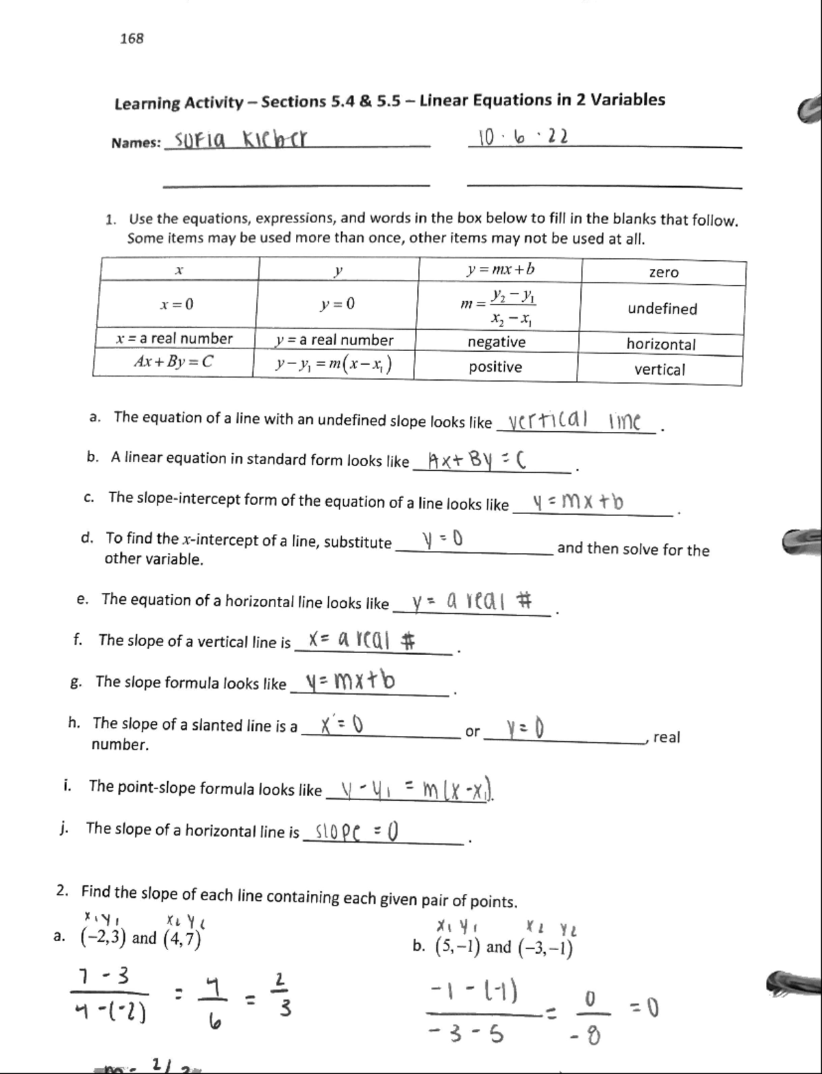 Linear equations in 2 variables 168 Learning Activity Sections 5 5