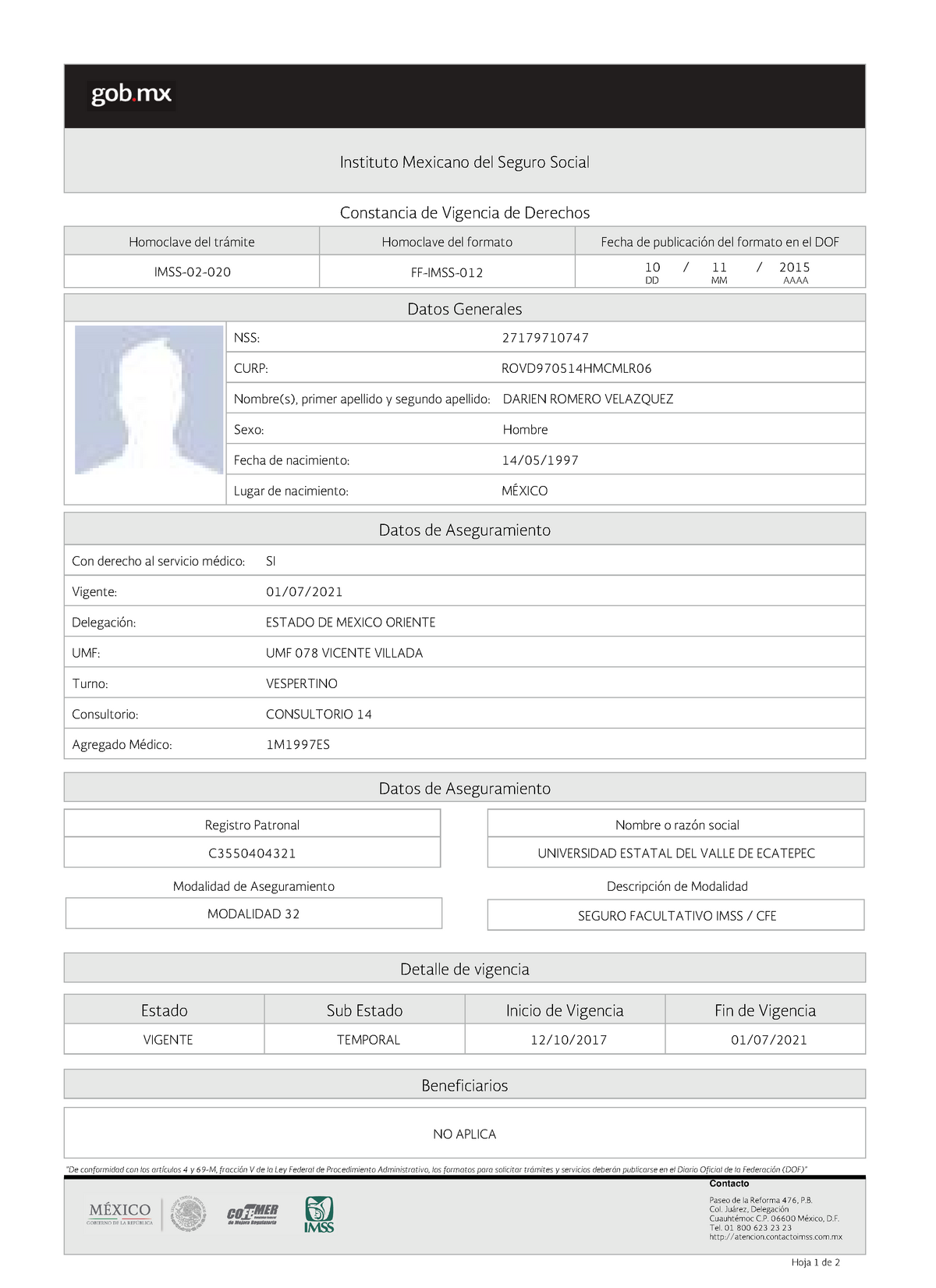 Constancia De Derechos Imss 8496