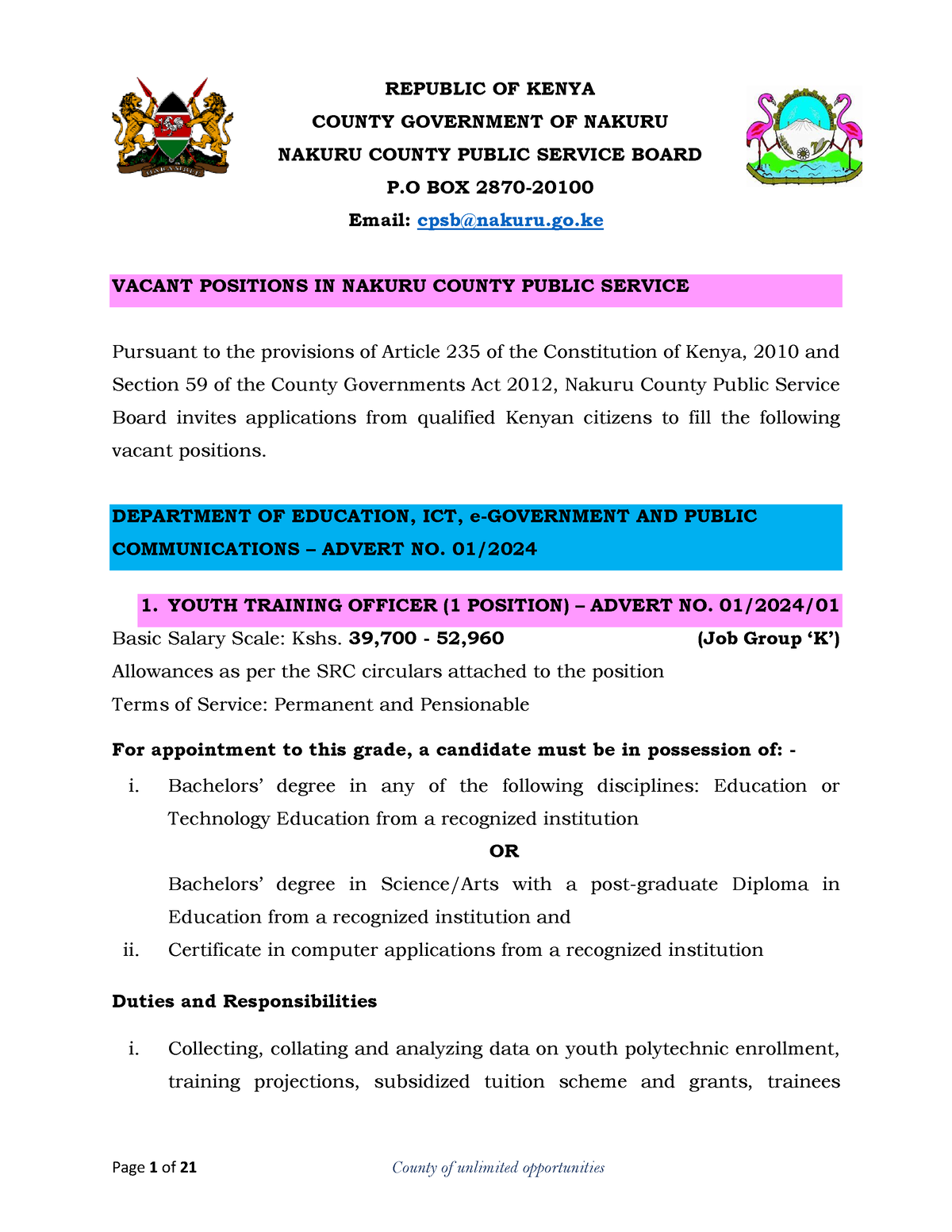 Recruitment Advert February 13 2024 Republic Of Kenya County Government Of Nakuru Nakuru 6849