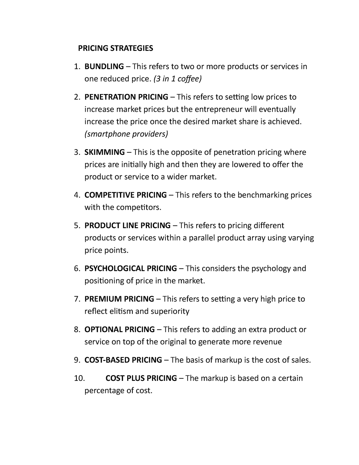 Pricing Strategies (Business Plan) - PRICING STRATEGIES BUNDLING – This ...