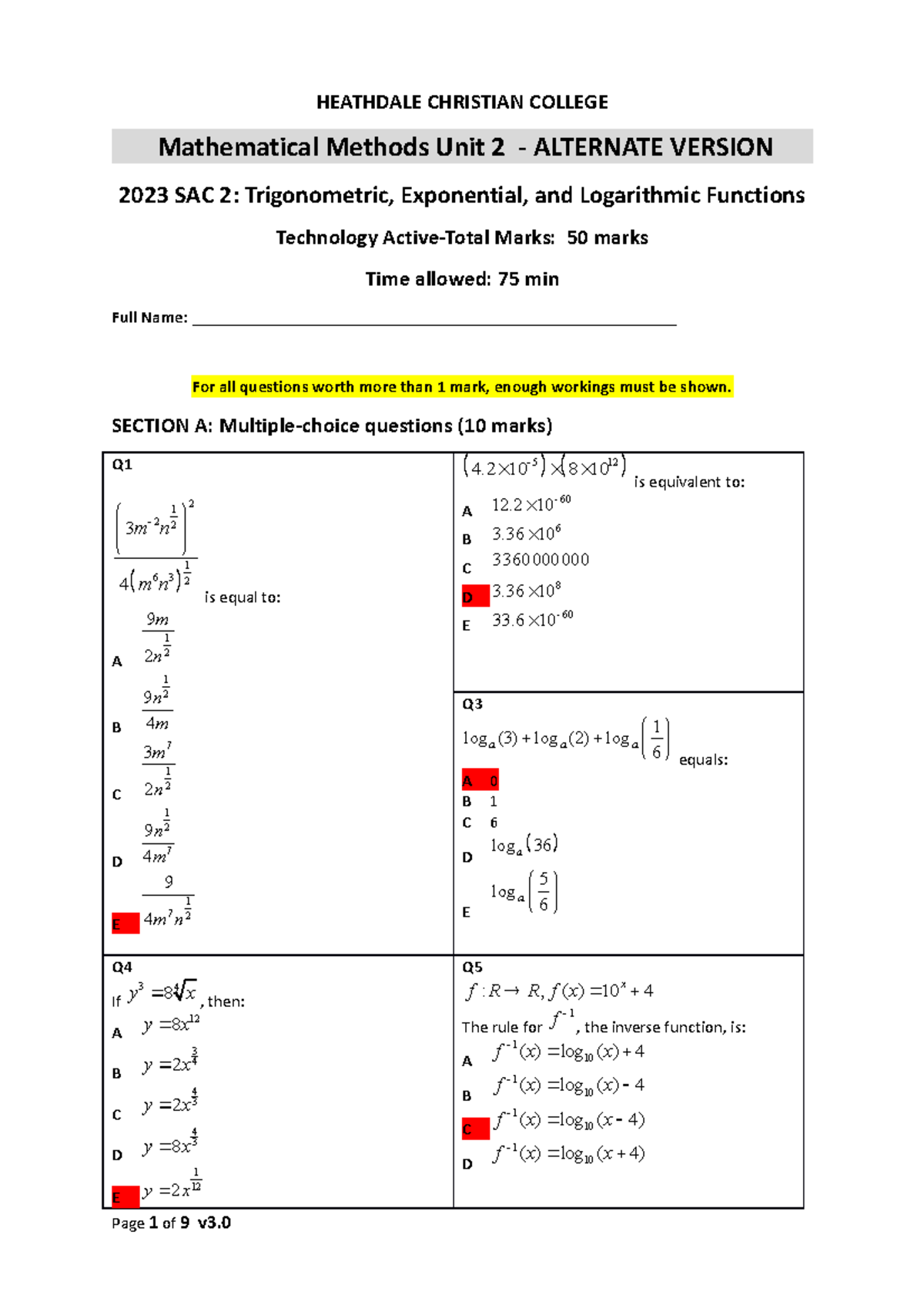 2023-MAM Unit 2 SAC 2 Trig Exp Log Alternative Version - Solutions ...