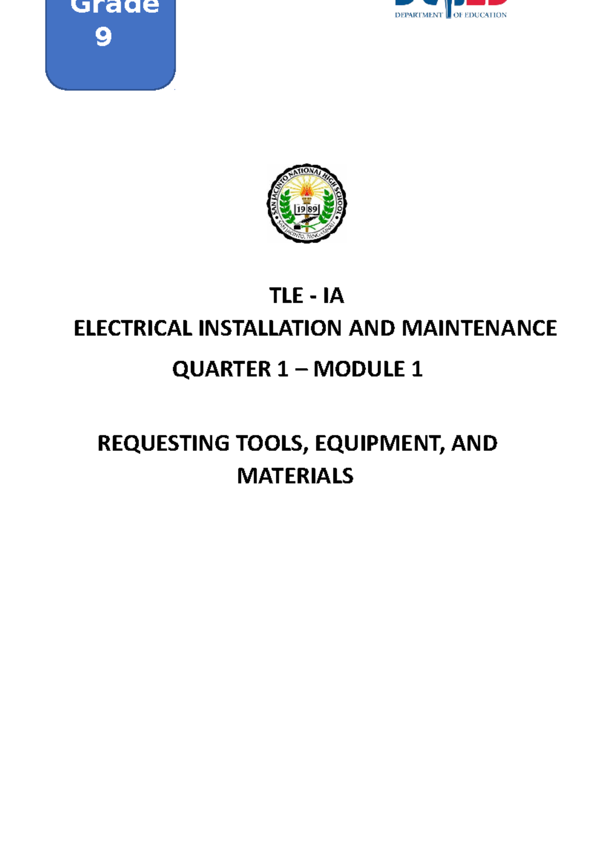 TLE Eim Week1 Quarter 1 - TLE - IA ELECTRICAL INSTALLATION AND ...