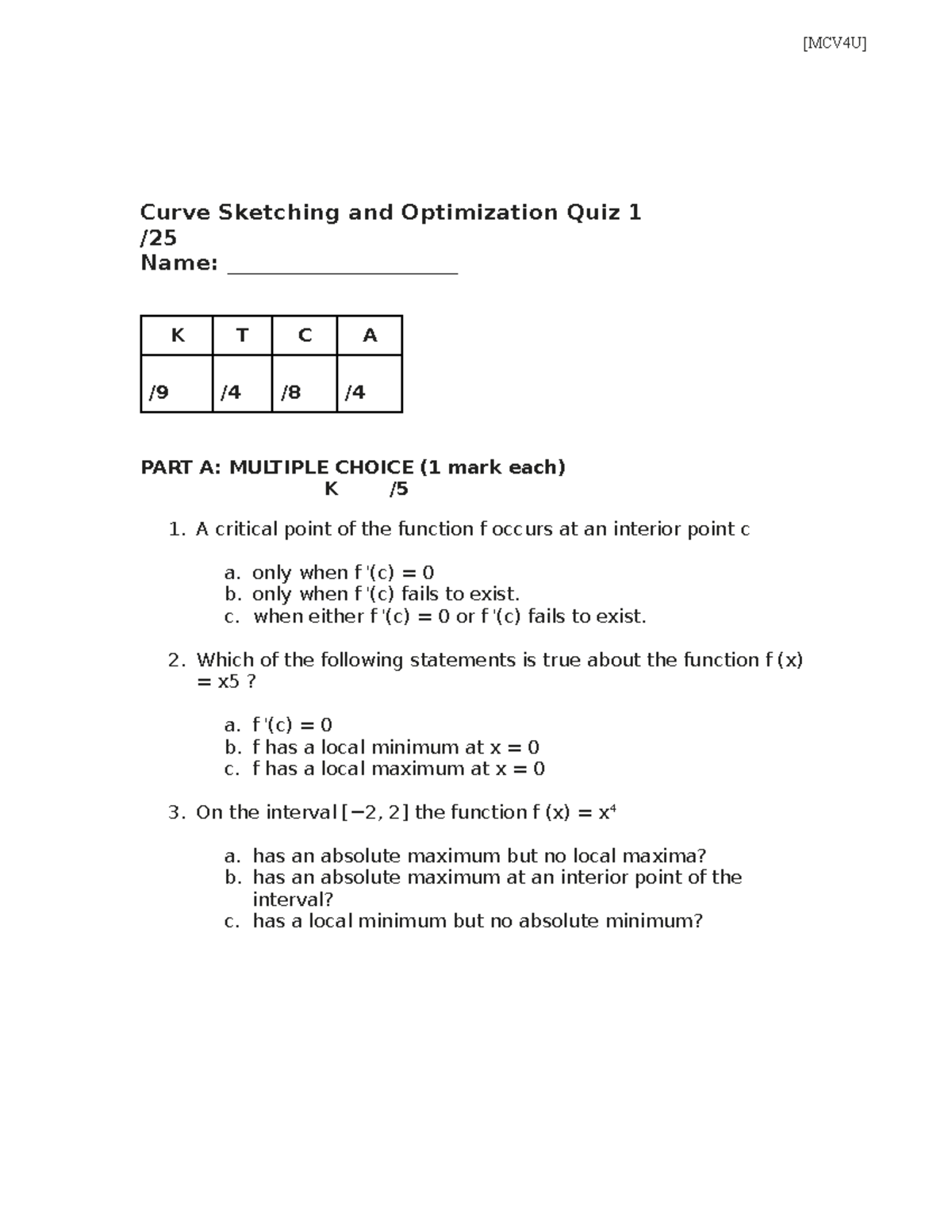 Unit 3 Practice Quiz - [MCV4U] Curve Sketching and Optimization Quiz 1 ...