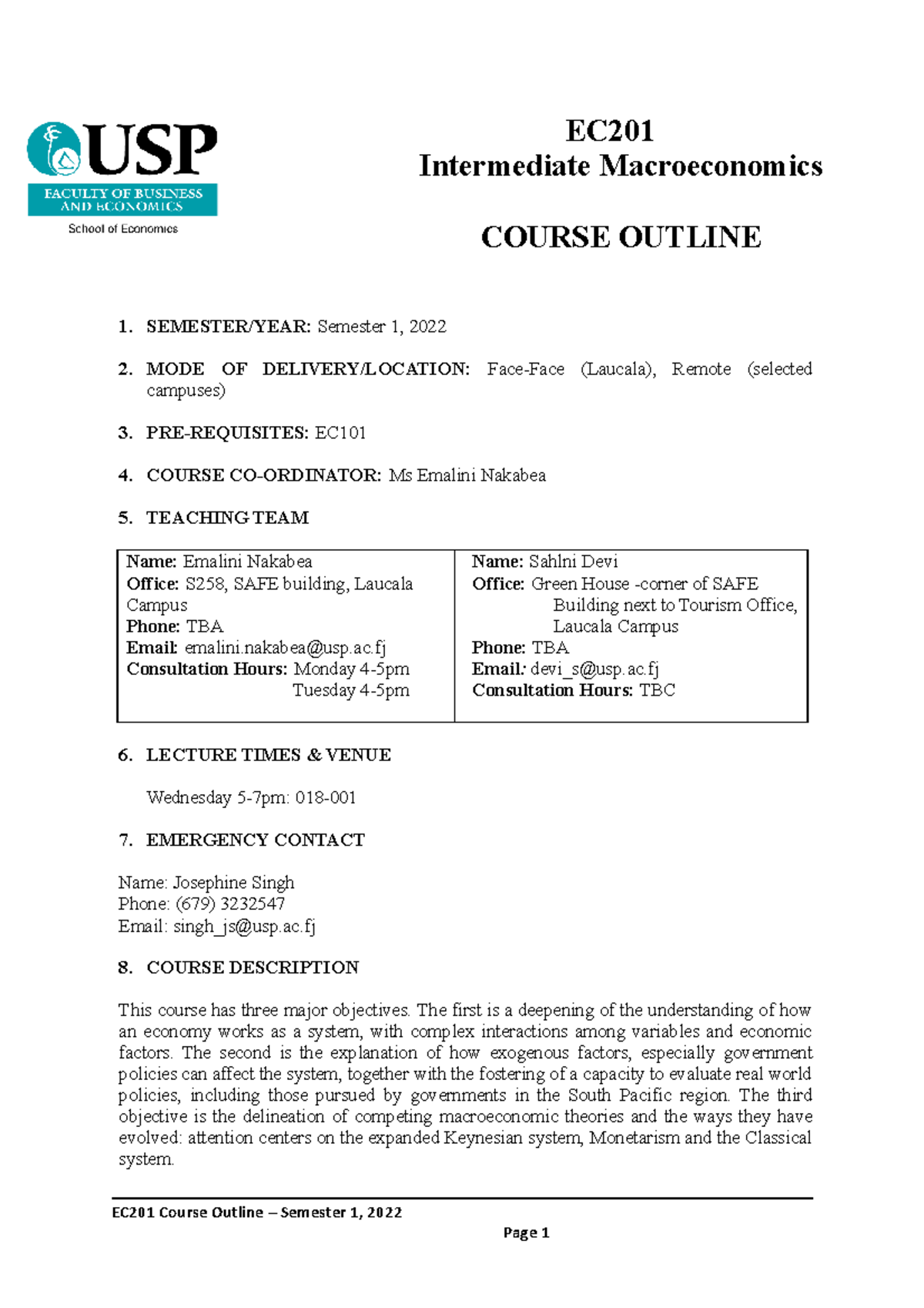 EC201 Course Outline S1 2022 - EC Intermediate Macroeconomics COURSE ...