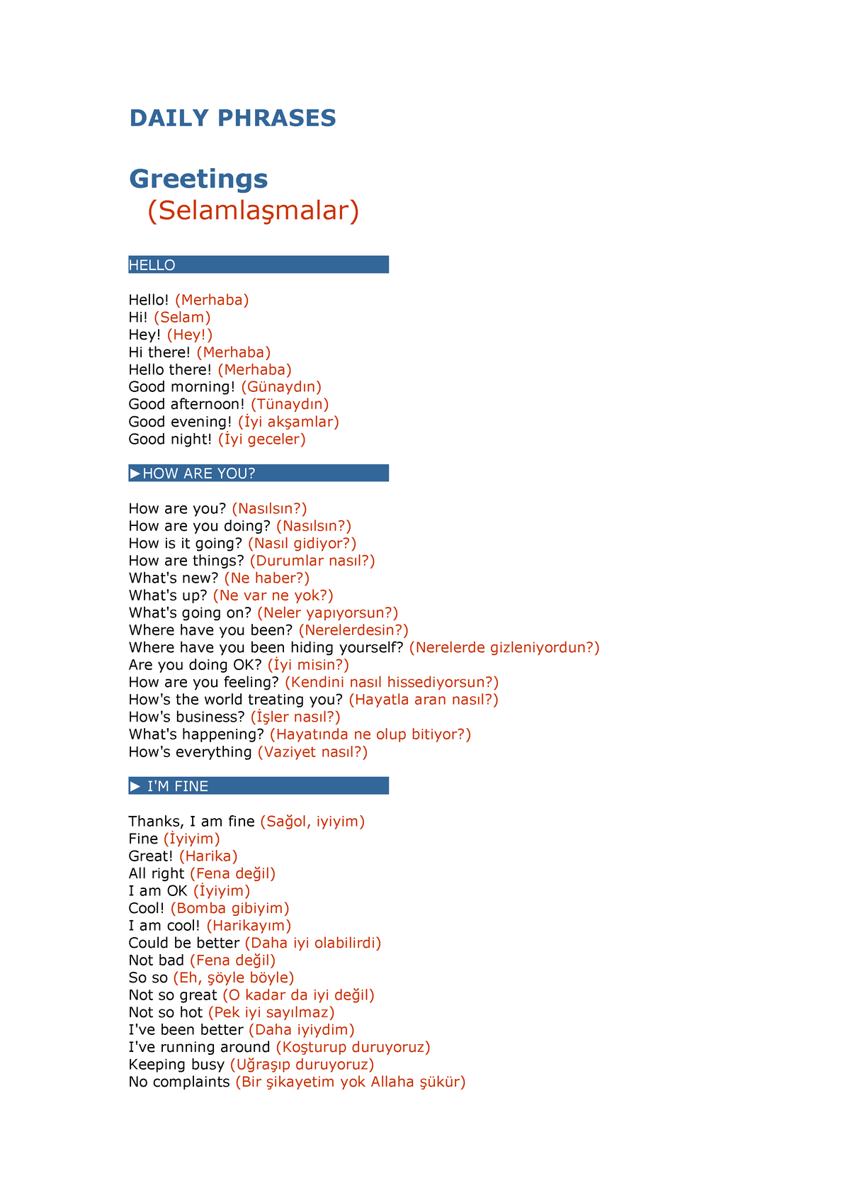 Ingilizce Konusma Kaliplari Pdf Indir Daily Phrases Greetings Selamla Malar Hello