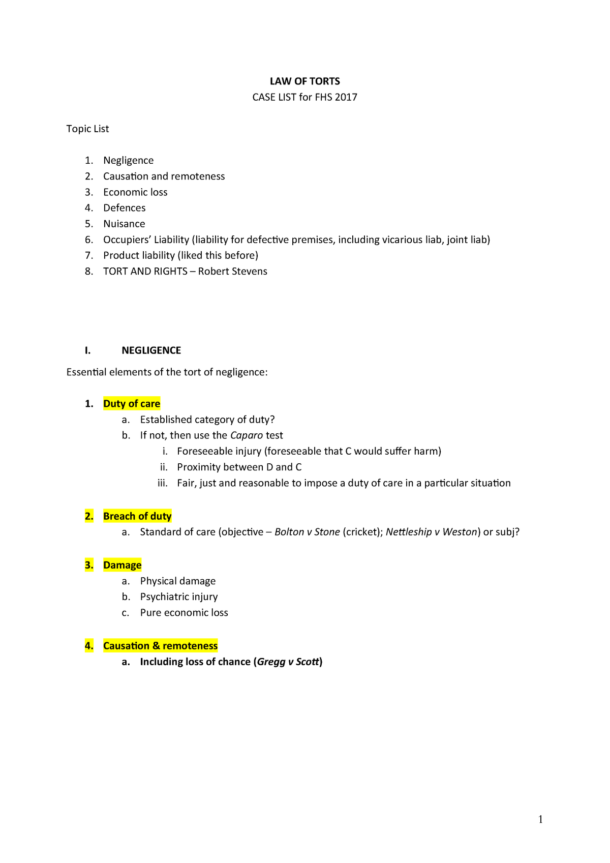 tort-case-list-fhs-2017-tort-law-law-of-torts-case-list-for-fhs-2017