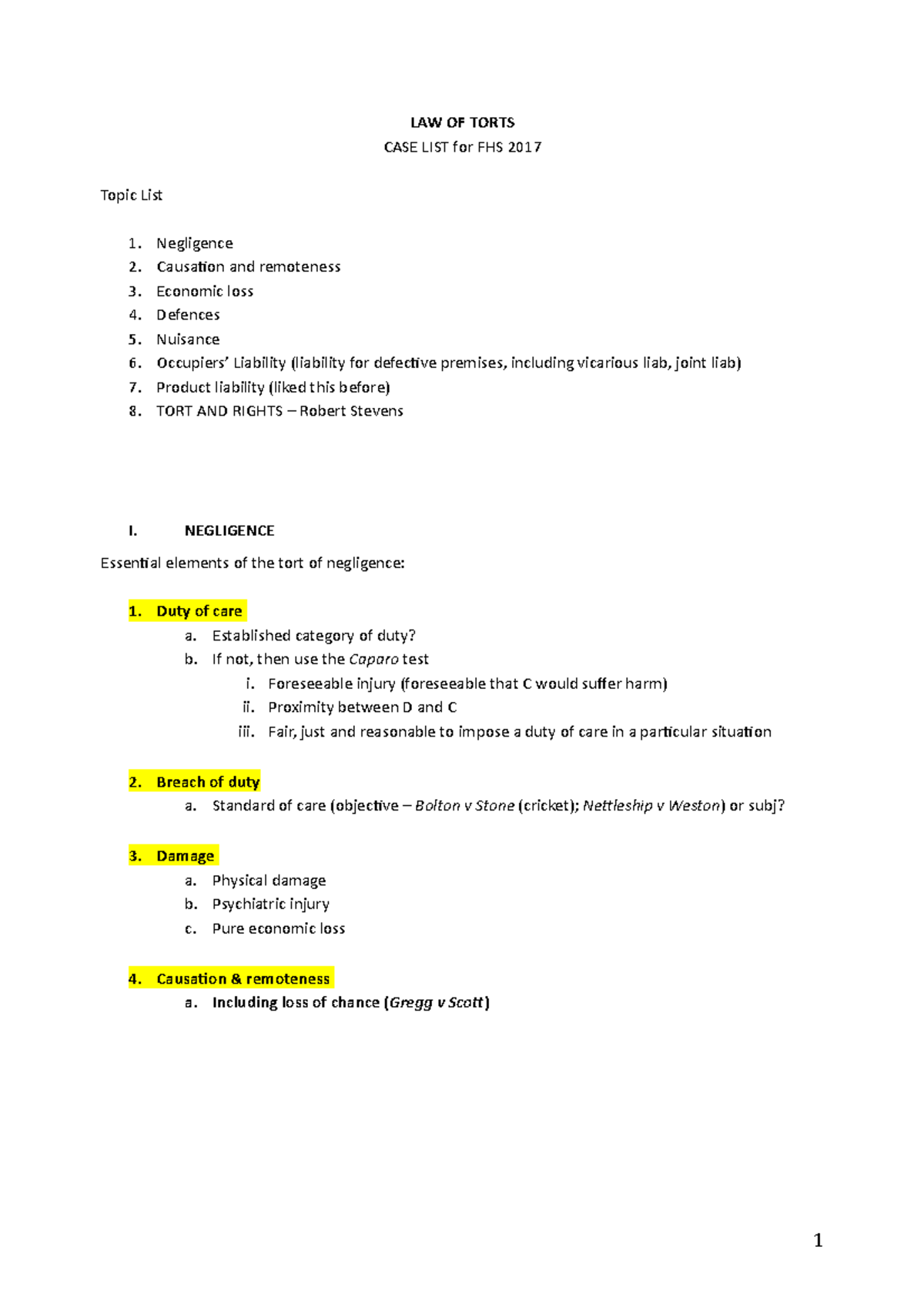 Tort Case List FHS 2017 LAW OF TORTS CASE LIST For FHS 2017 Topic