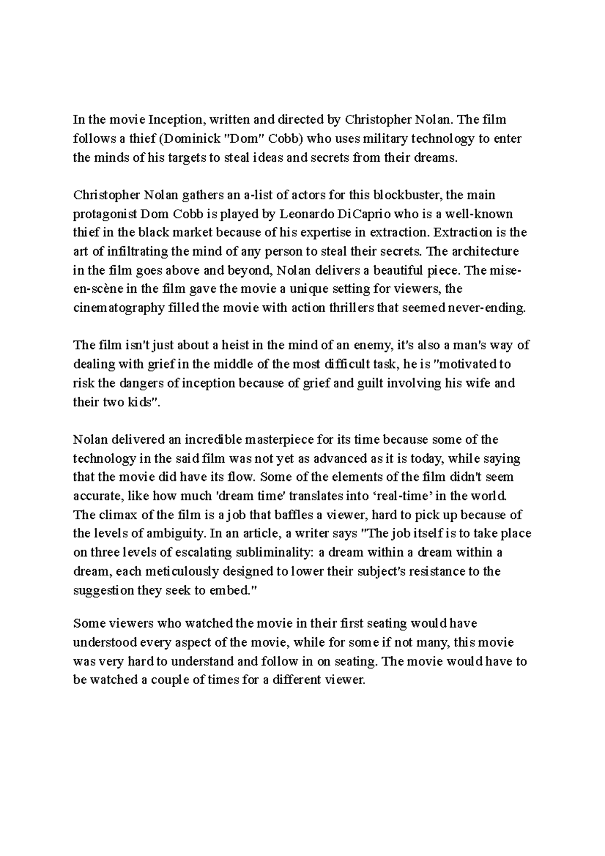 Topic 212 - Practice work - In the movie Inception, written and ...