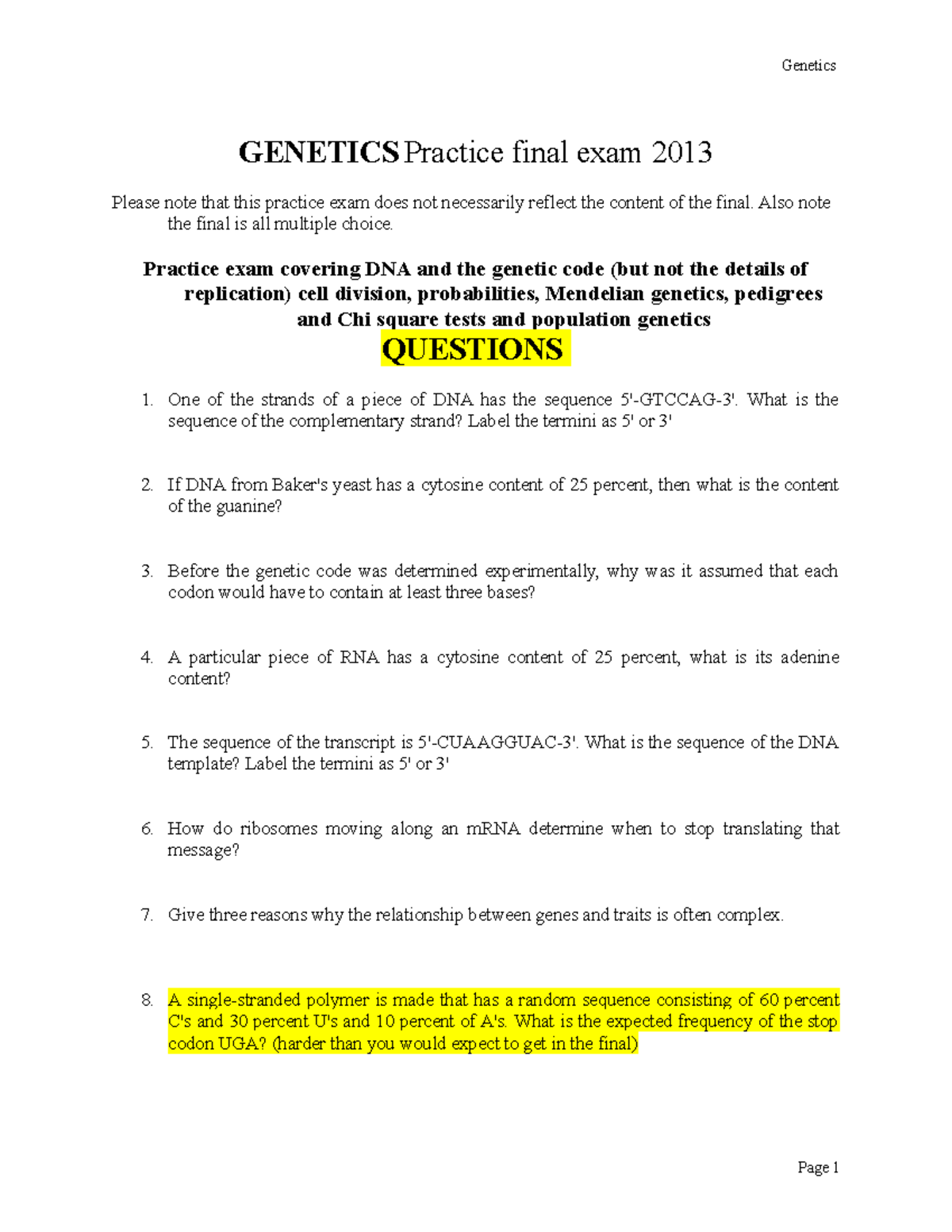 Genetics Practice Final Exam 2013 Questions - GENETICS Practice Final ...