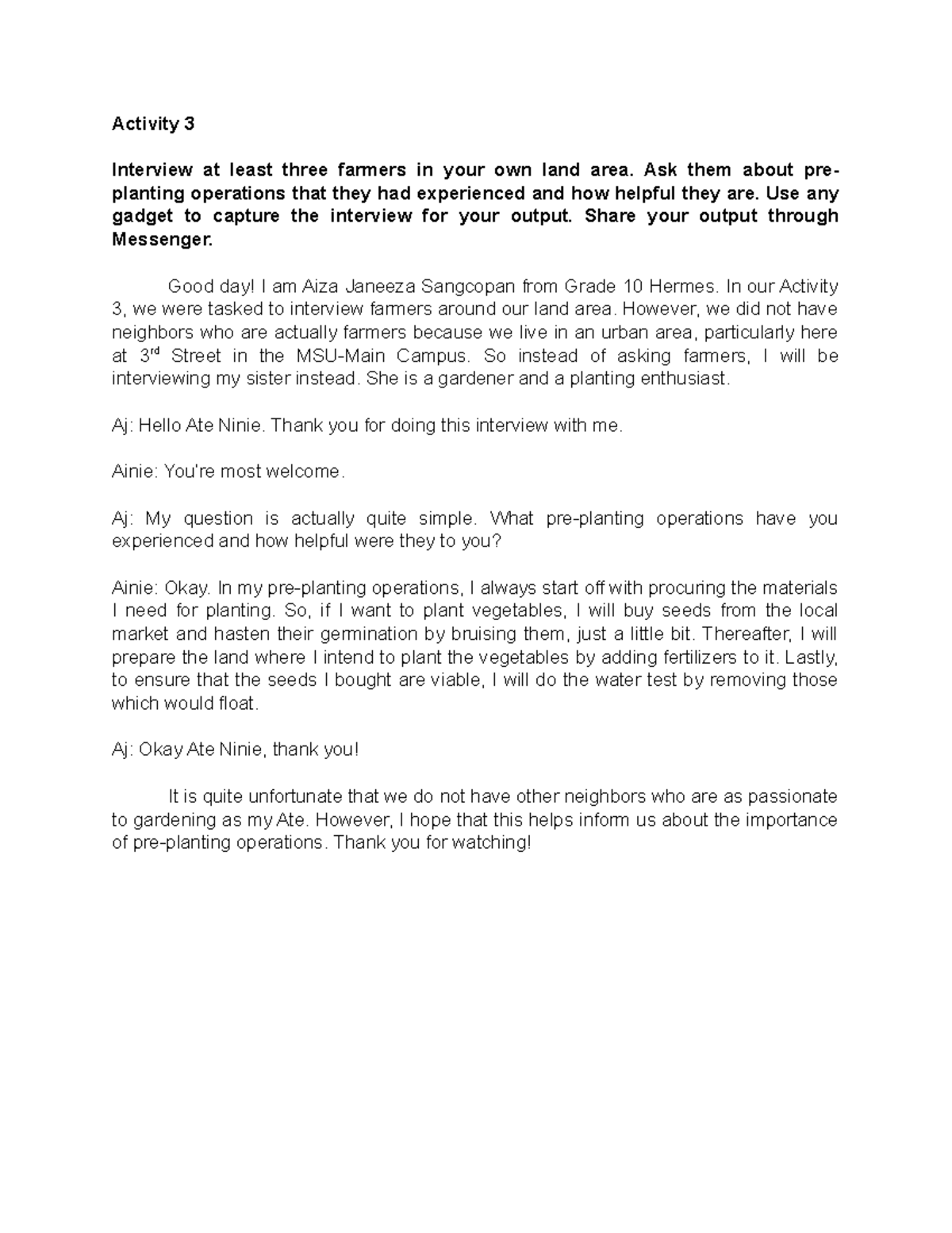 Aj TLE Script - Lecture notes 1 - Activity 3 Interview at least three ...