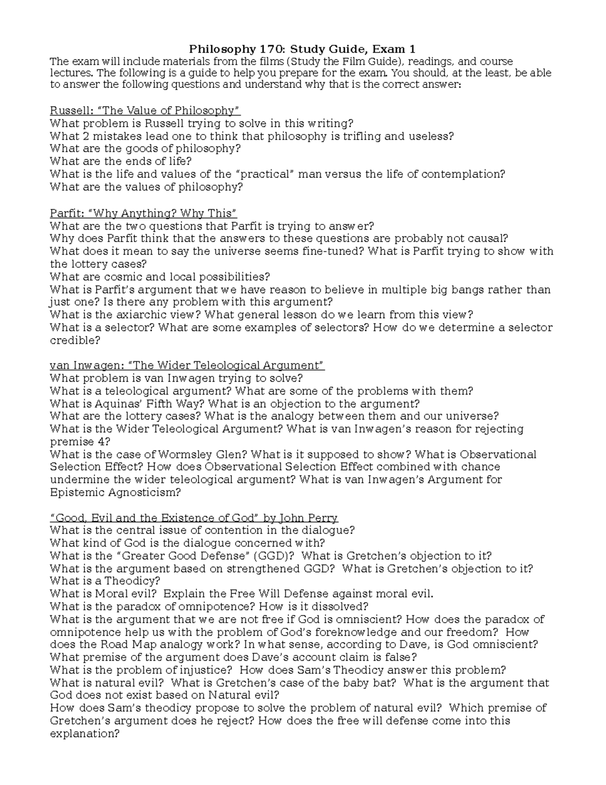 PHIL170E1Study Guide - ............ - Philosophy 170: Study Guide, Exam ...