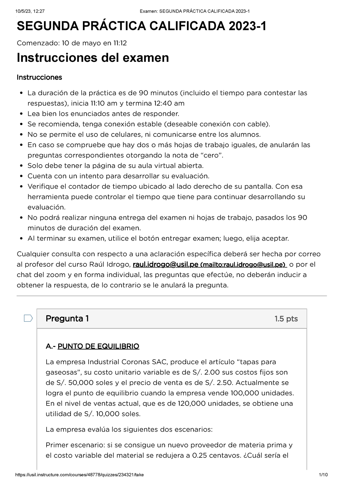 Examen Segunda Práctica Calificada 2023-1 - SEGUNDA PRÁCTICA CALIFICADA ...