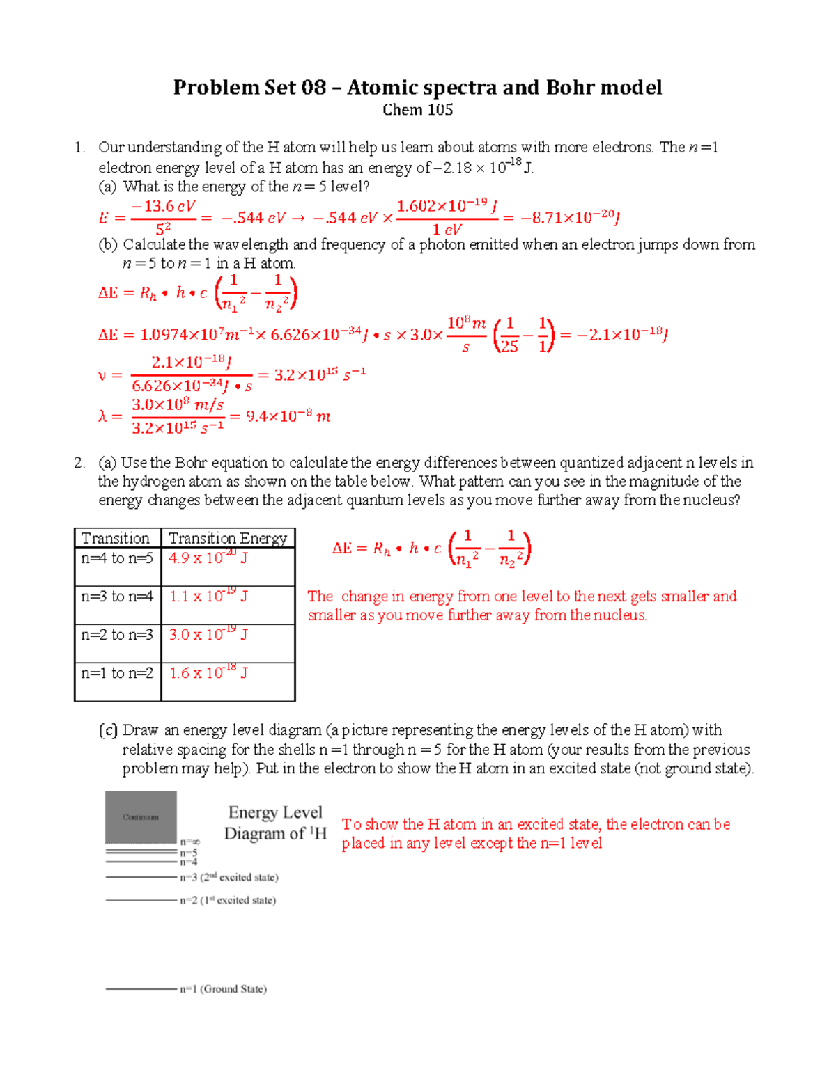 PS 08 2019 key - key - Problem Set 08 – Atomic spectra and Bohr model Chem  105 Our understanding of - Studocu