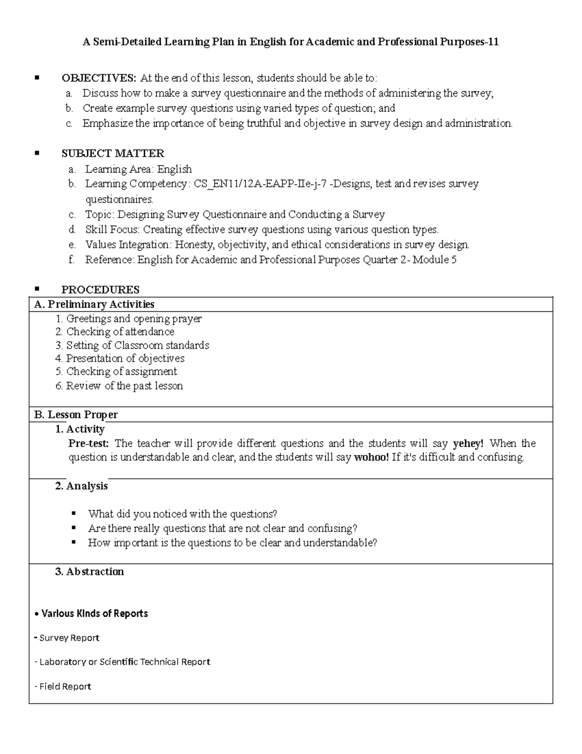 Learning Plan In EAPP Quarter 2 Module 5 Designing Survey Questionnaire ...