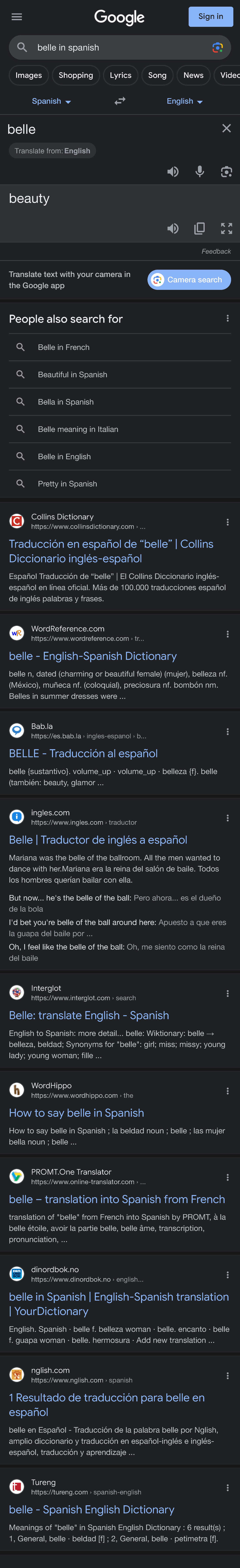 Belle In Spanish Google Search Feedback Translate Text With Your