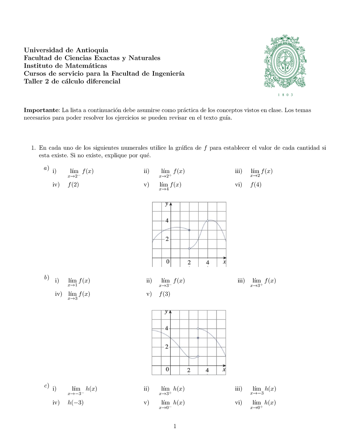 Taller 2 C Lculo Diferencial - Universidad De Antioquia Facultad De ...