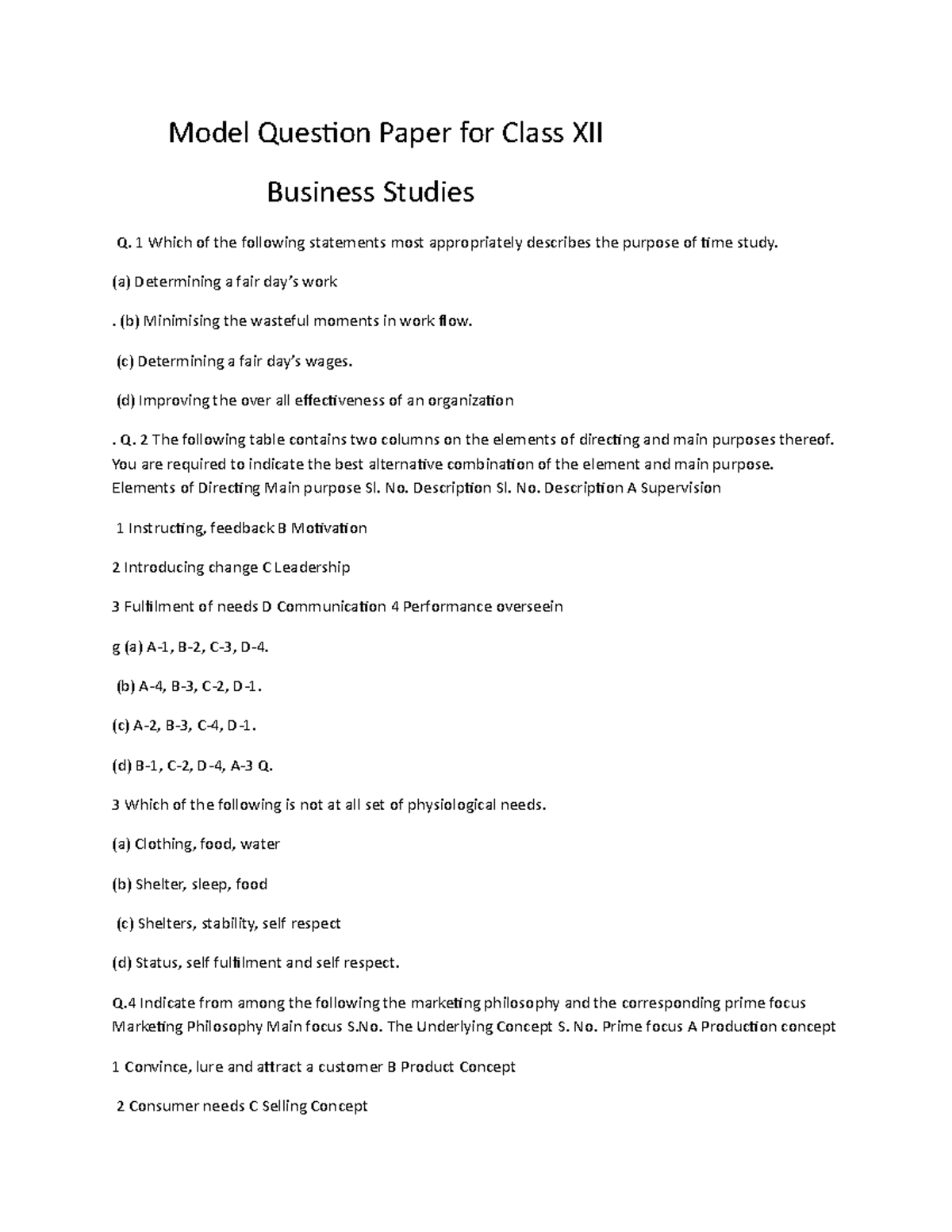 Model Question Paper for Class XII business studies 1 Which of the