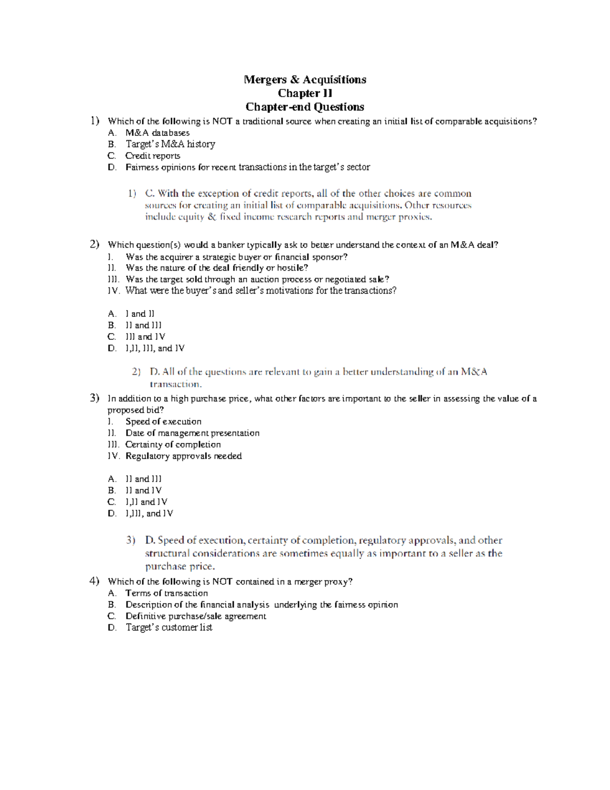 Chapter 2 End Q&A - Q&A - Mergers & Acquisitions Chapter II Chapter-end ...