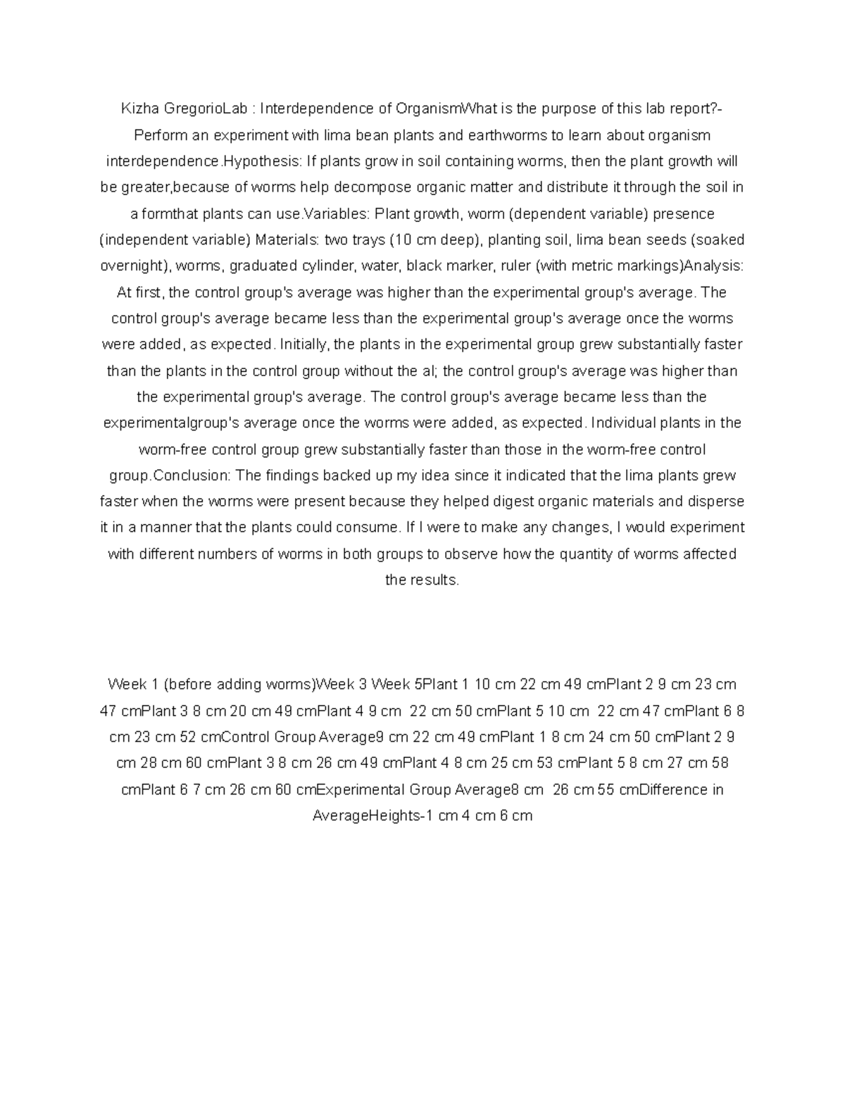 Lab Interdependence of Organism Kizha GregorioLab Interdependence