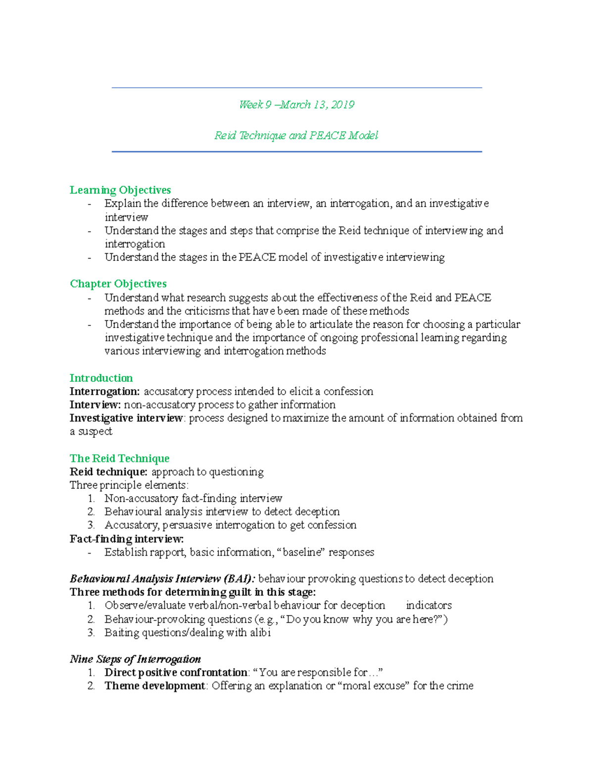 Week 9 - Reid Technique and Peace Model - Week 9 –March 13, 2019 Reid ...