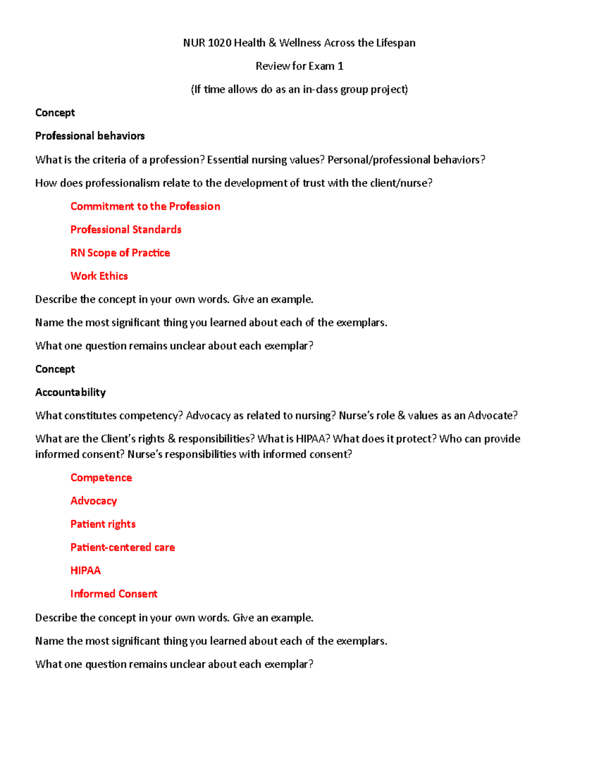 Review for Exam 1 - NUR 1020 Health & Wellness Across the Lifespan ...