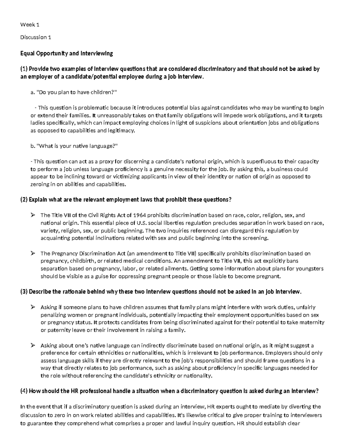 Week 1 - Week 1 Discussion 1 Equal Opportunity and Interviewing (1 ...