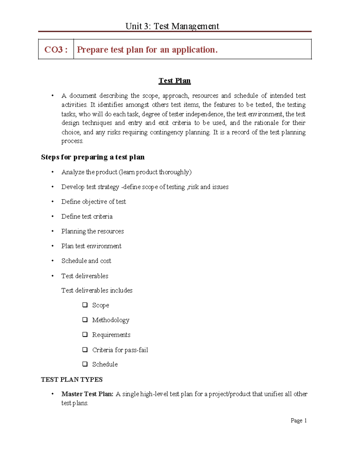 Unit 3 test management converted - CO3 : Prepare test plan for an ...