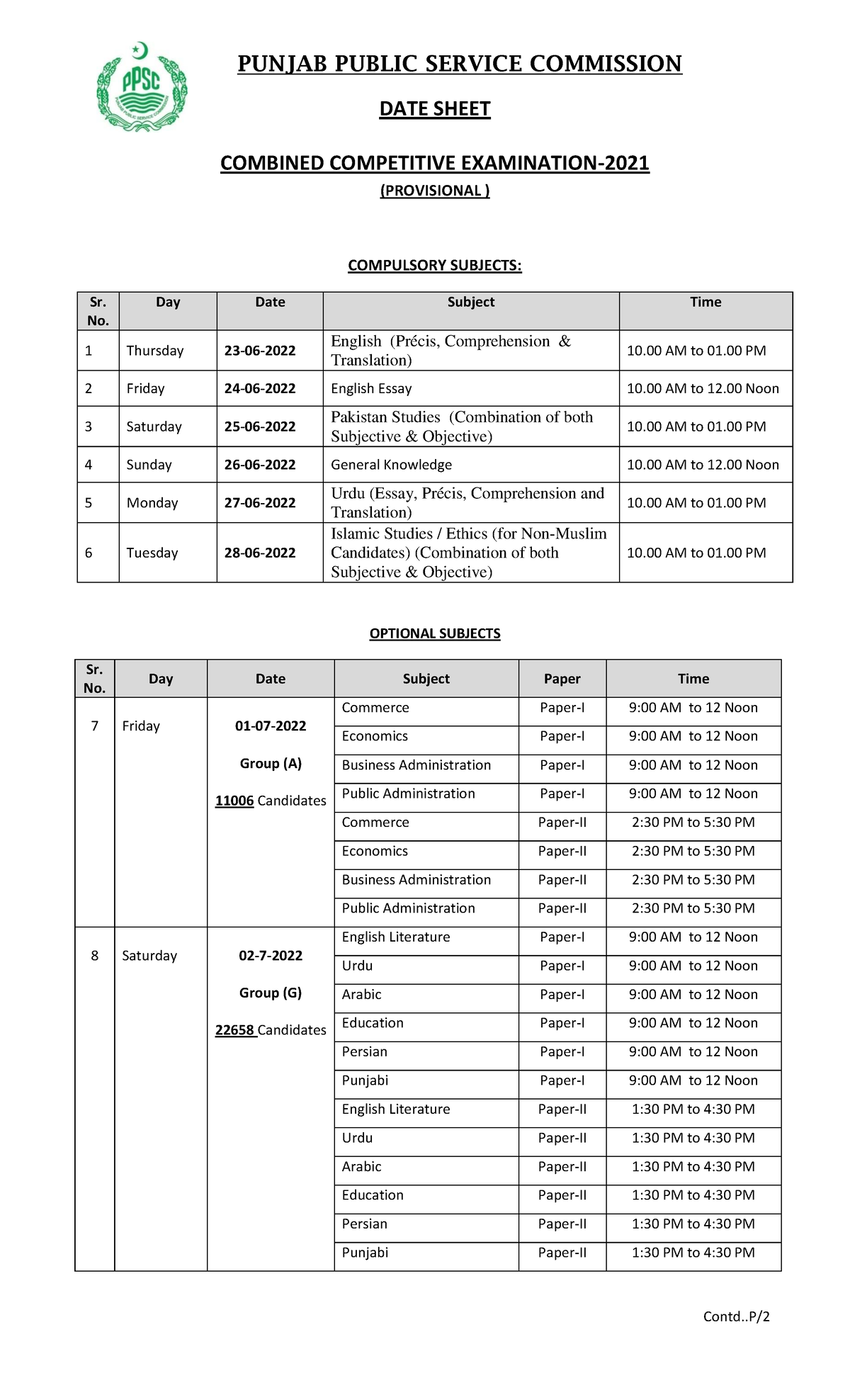 Pms date sheet 2022 - PMS English past paper pol Science CSS English ...