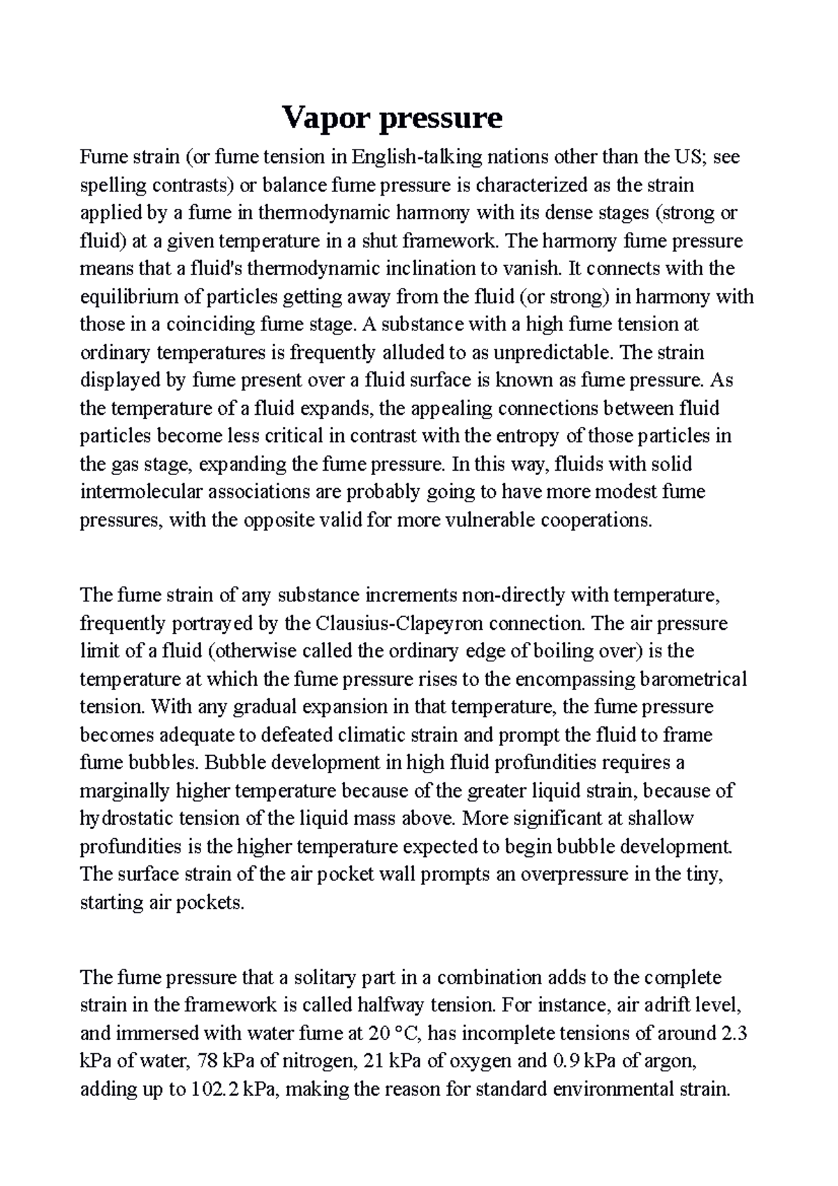 Vapor pressure Ifah Vapor pressure Fume strain (or fume tension in