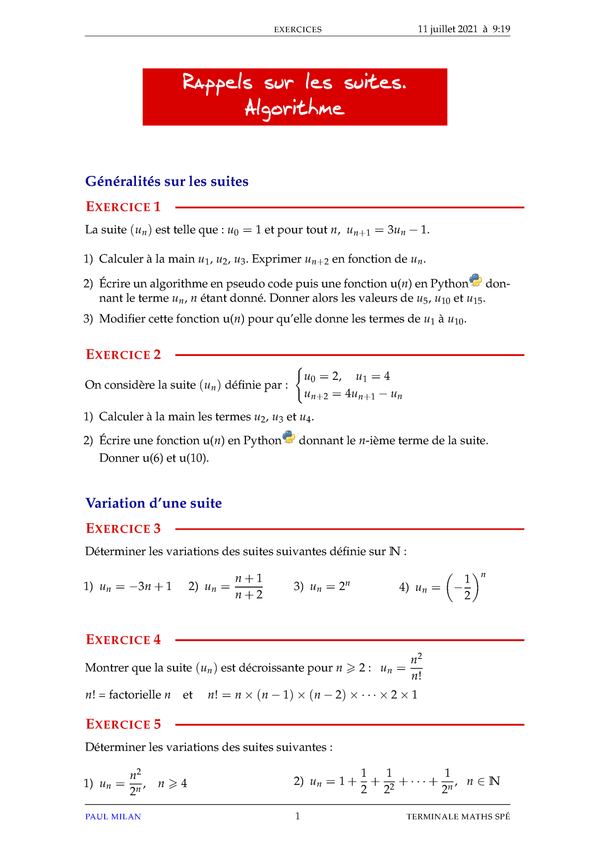 01 Exos Rappels Suites - Notes - EXERCICES 11 Juillet 2021 à 9: Rappels ...