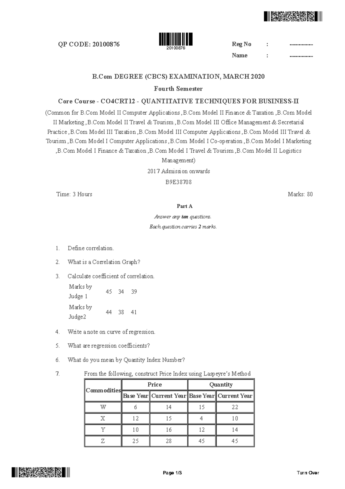 Quantitative Techniques FOR Business-II 2020 - QP CODE: 20100876 Reg No