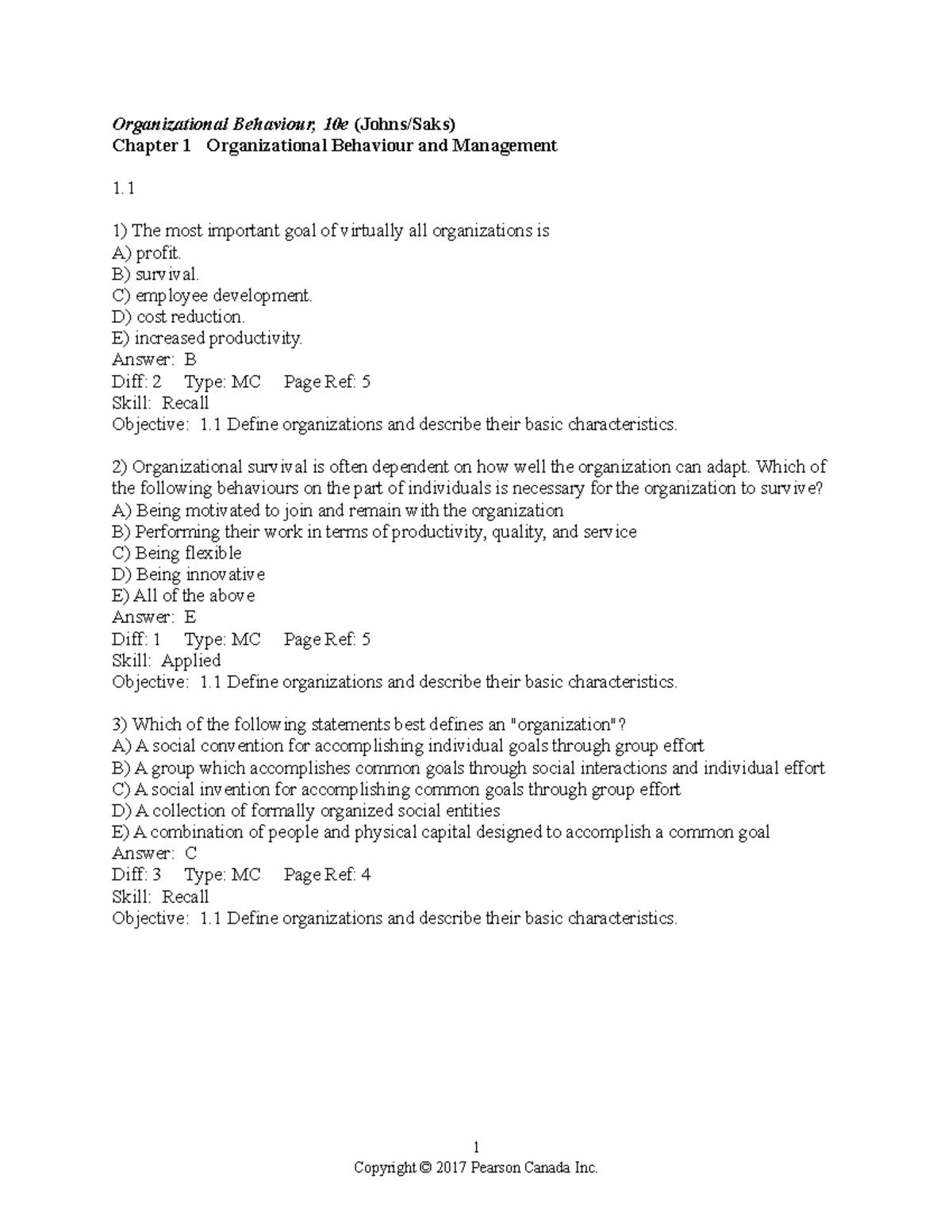 10e Tif Ch01 - Chapter 1 Testbank - Organizational Behaviour, 10e ...