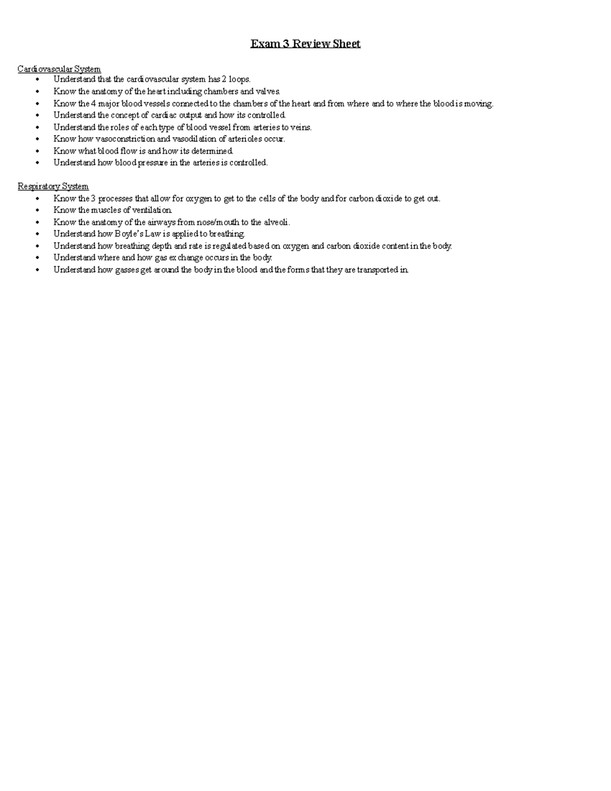 BIO 105 Exam 3 Review Sheets - Exam 3 Review Sheet Cardiovascular ...