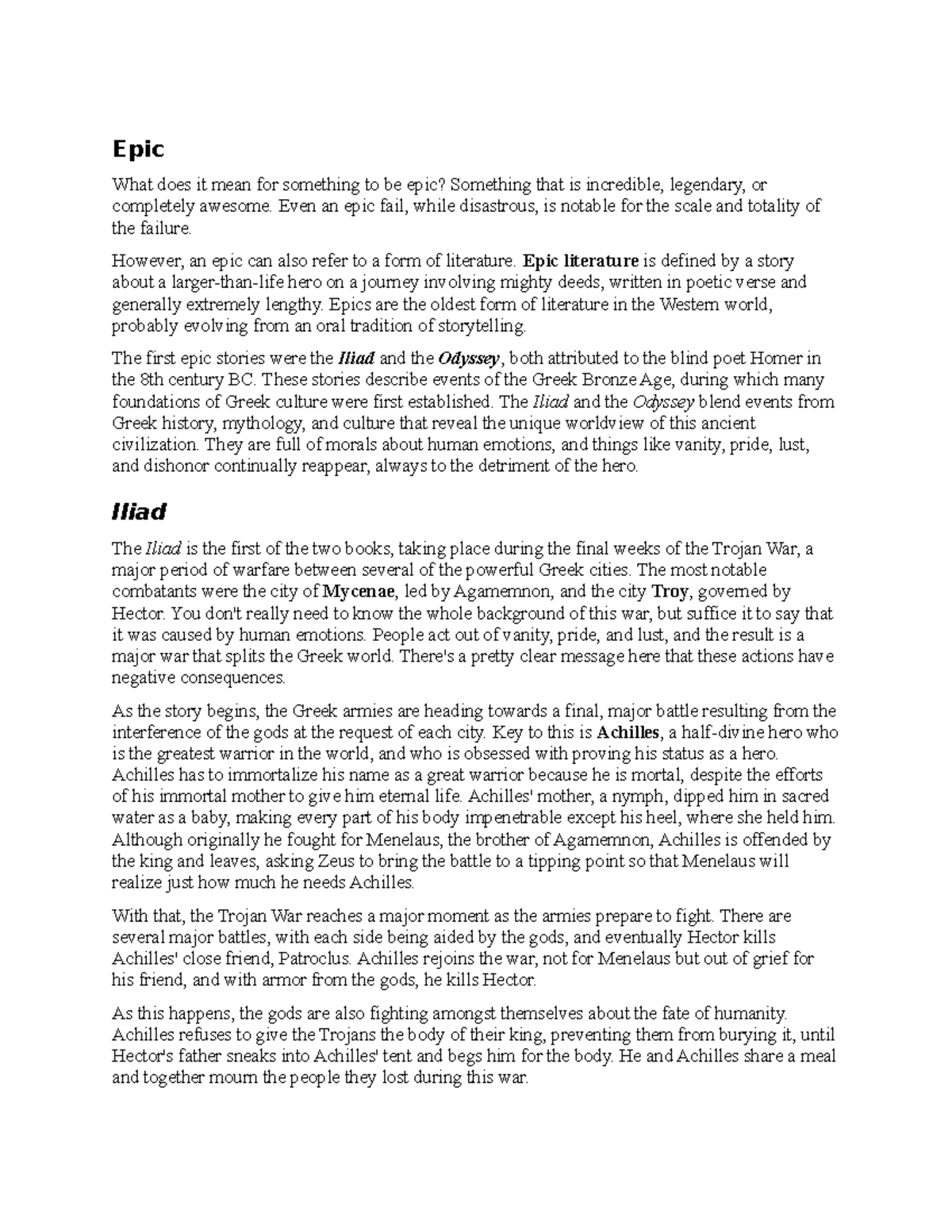 M7 Introduction To The Humanities Notes Greek Epic What Does It