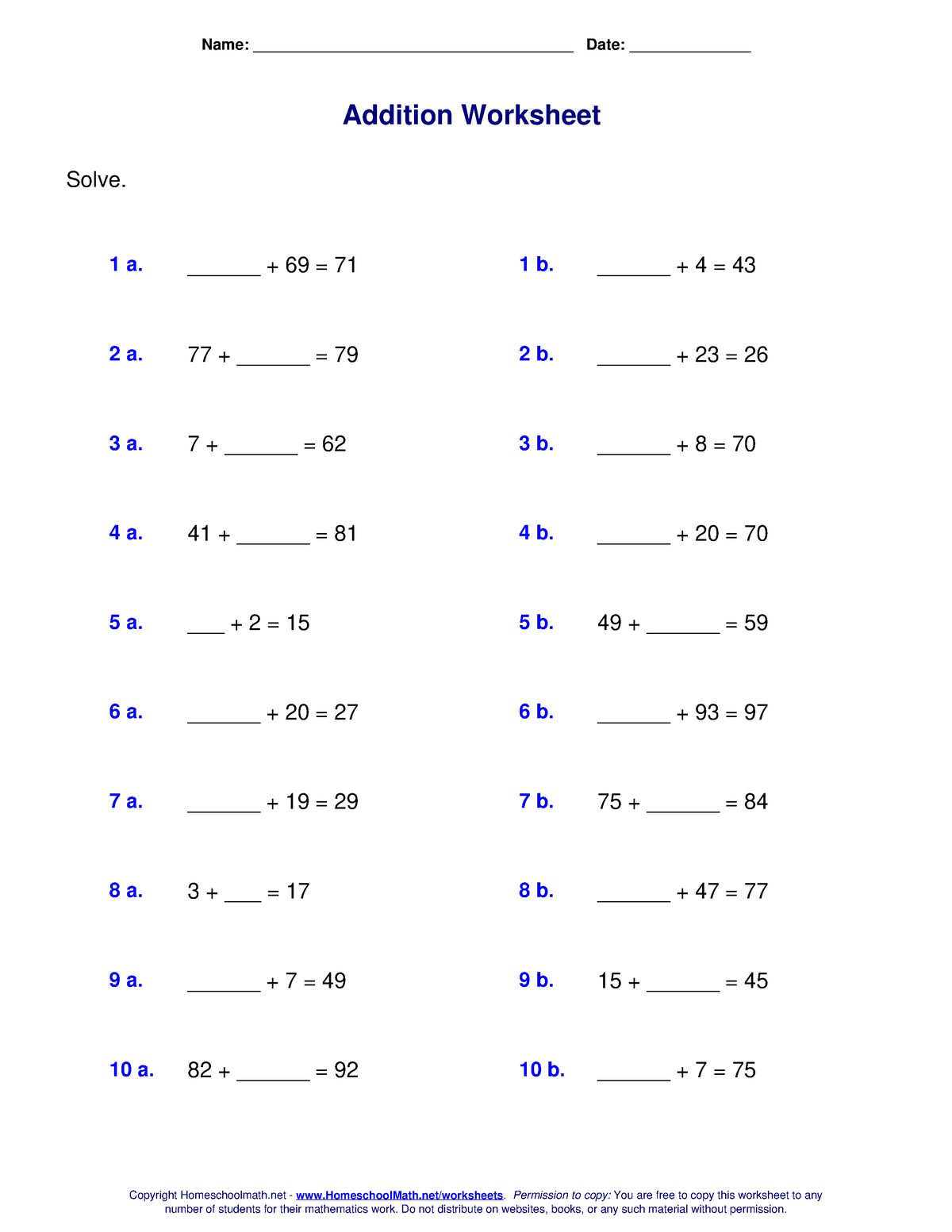 Addition Worksheet - Name: _____________________________________ Date ...