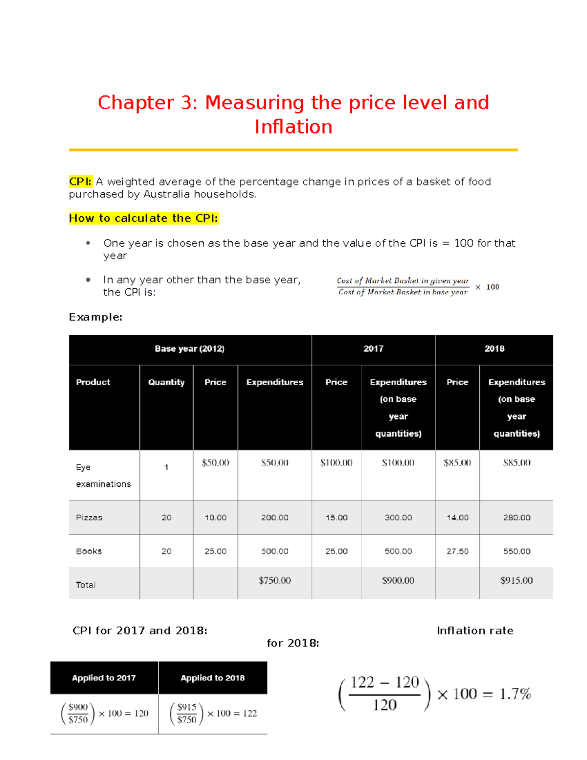 Chapter 3 - Notes - Chapter 3: Measuring the price level and Inflation ...