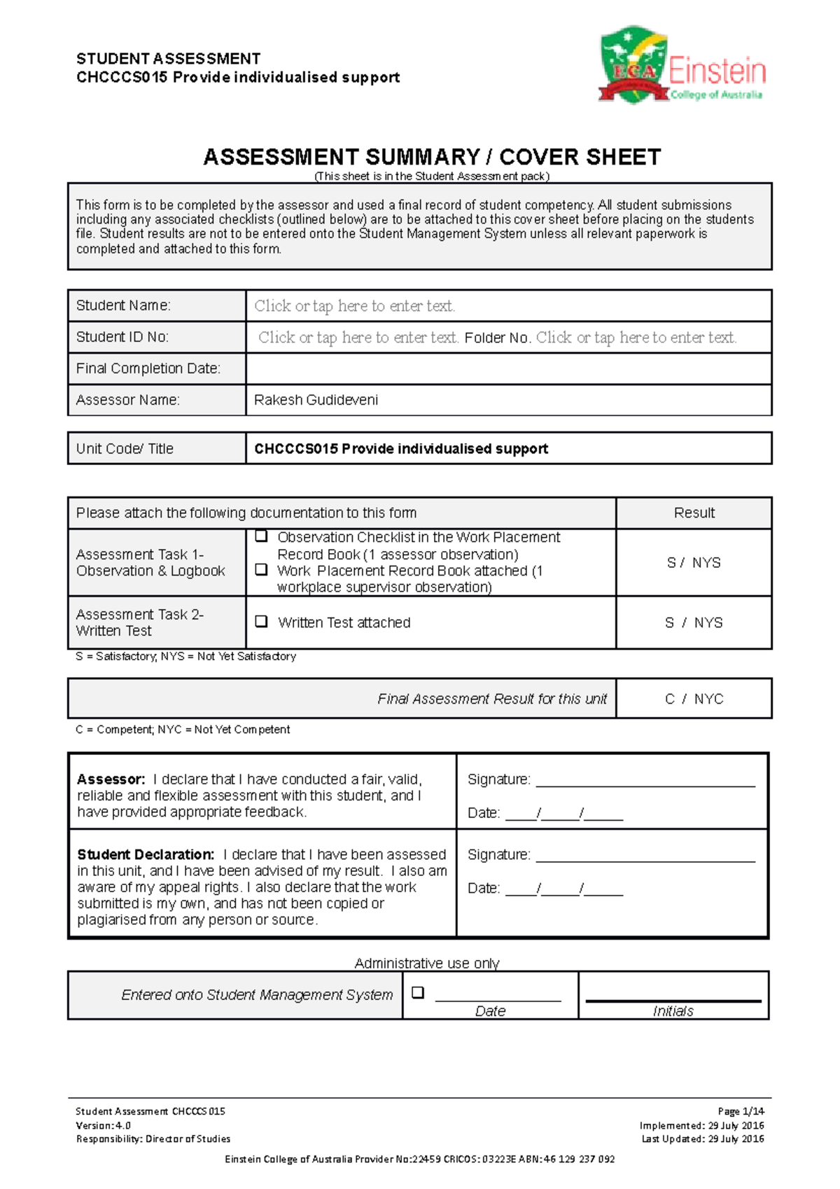 Chcccs 015- Assignment - CHCCCS015 Provide Individualised Support ...