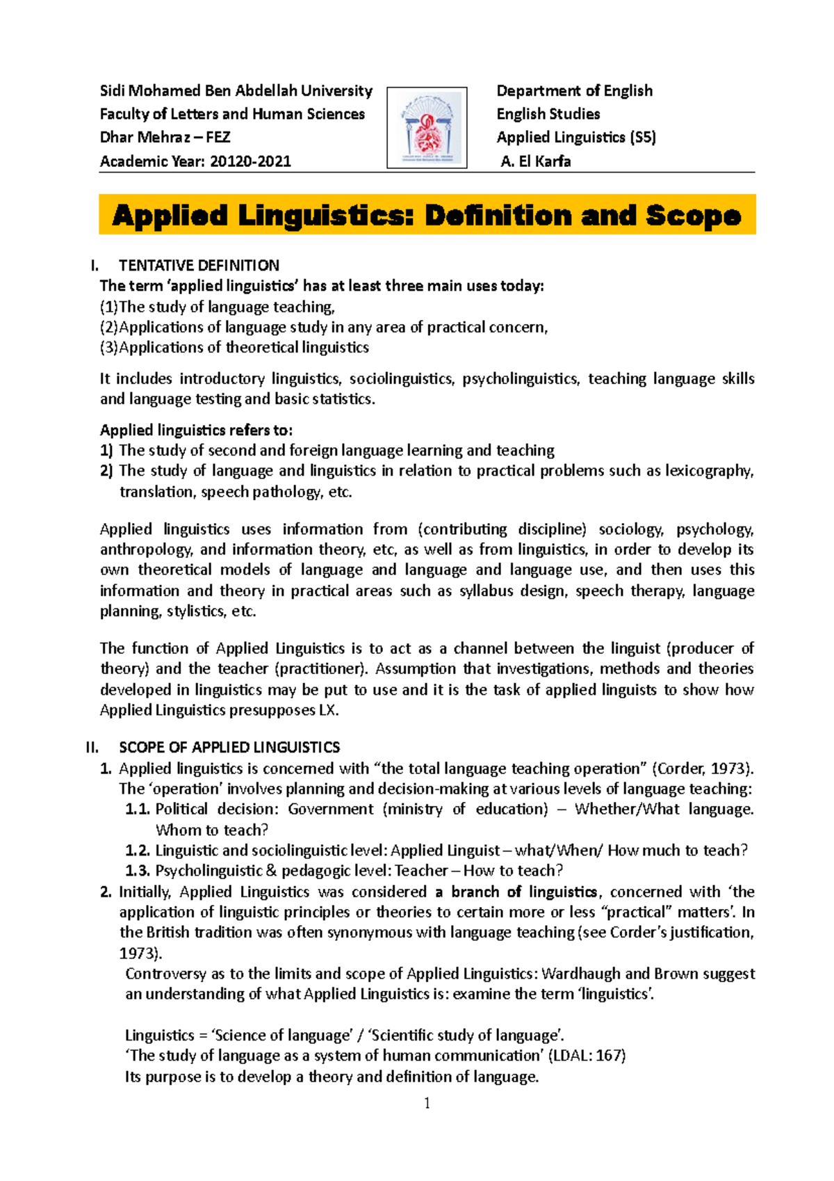 2 Applied linguistics Definition Scope Sidi Mohamed Ben Abdellah